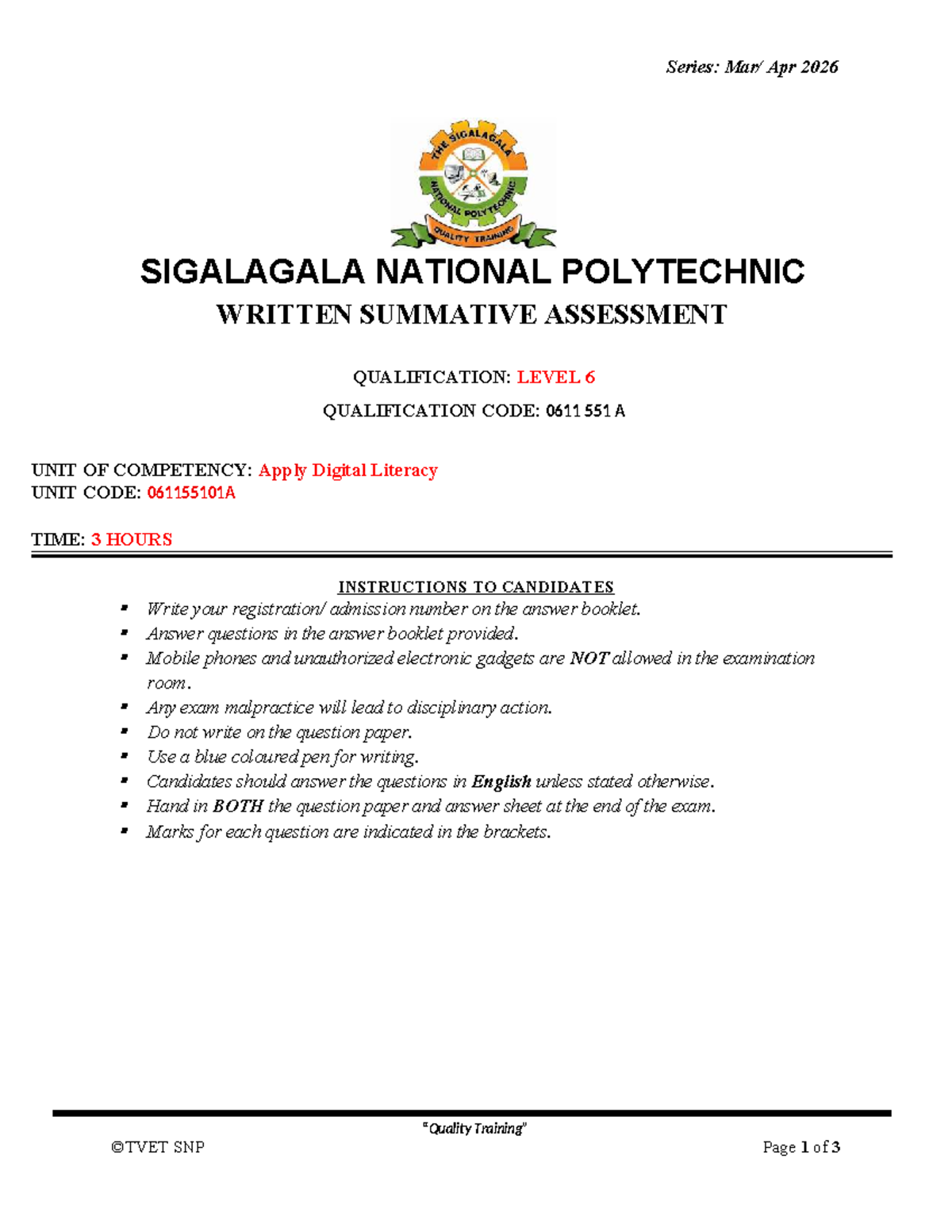 Level 6 Written Summative Assessment: Digital Literacy (0611 551 A ...