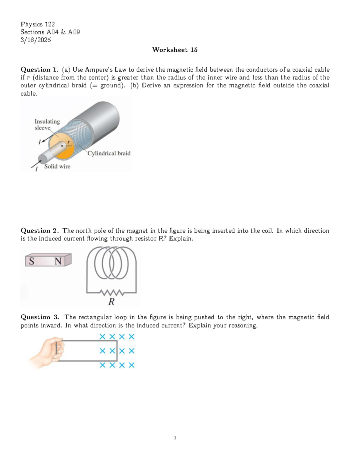 Physics 122 Worksheet 15: Magnetic Fields & Induced Currents - Studocu