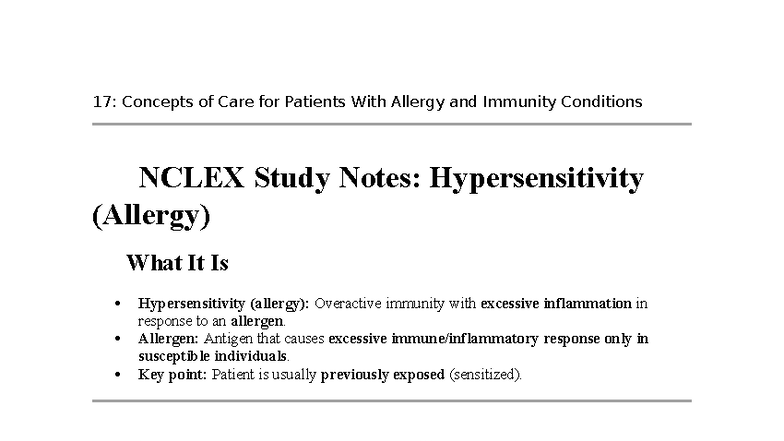 17: NCLEX Study Notes on Allergy and Immunity Conditions - Studocu