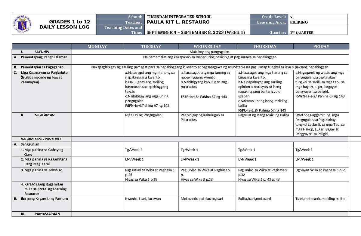 DLL Filipino 5 Q1 W1 - Daily Lesson Log Sample - GRADES 1 to 12 DAILY ...