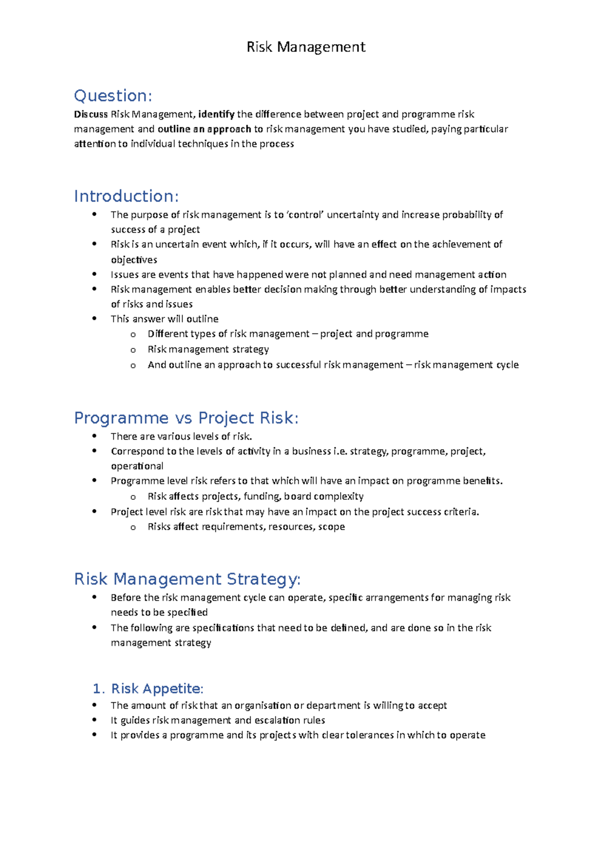 Risk Management Notes: Project vs Programme Approach and Techniques ...