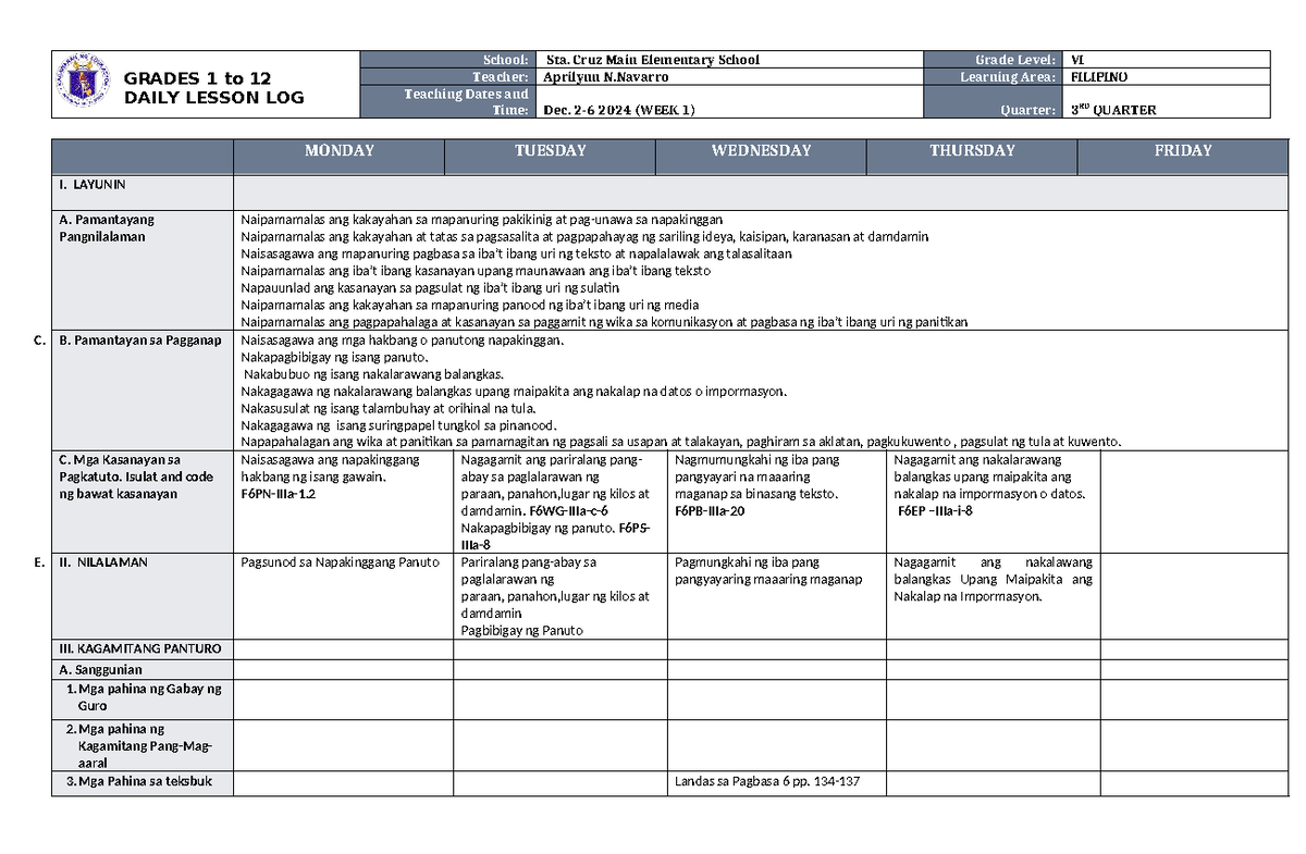 DLL Filipino 6 Q3 W1 - Daily Lesson Plan Overview - Studocu