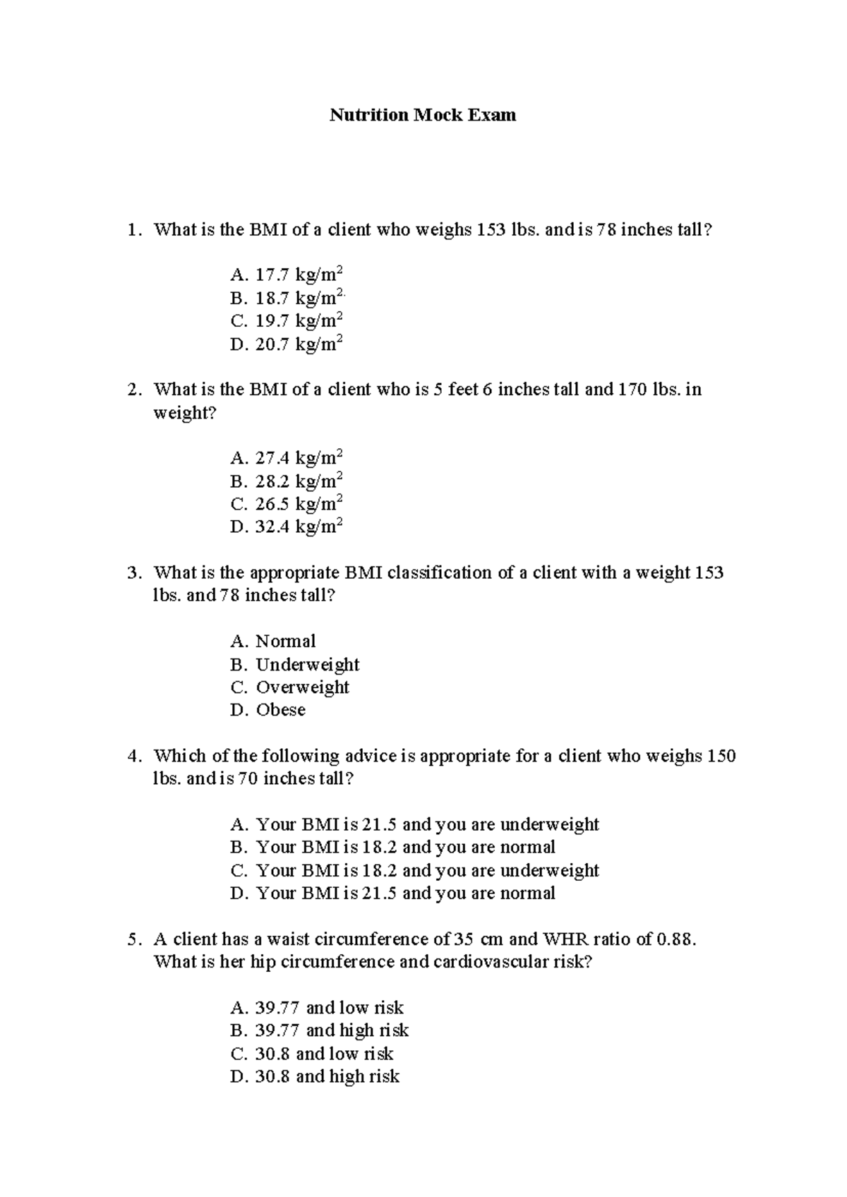 Nutrition Mock Exam 1 - THFG - Studocu