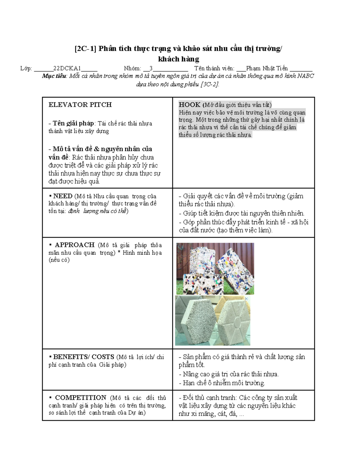 2C - Tái chế rác thải nhựa thành vật liệu xây dựng: NABC Analysis - Studocu