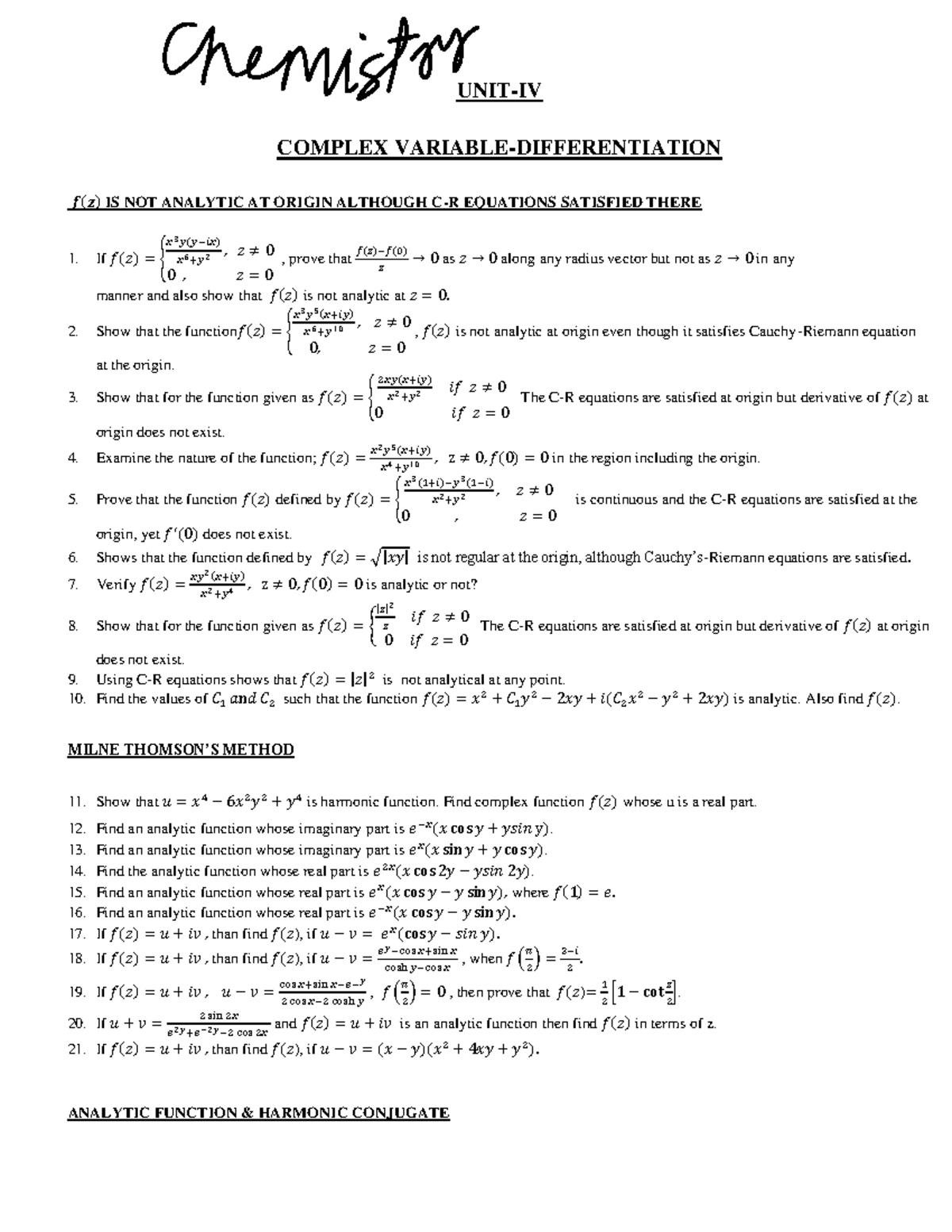 Complex Analysis-1: Non-Analytic Behavior of f(z) at Origin - Studocu