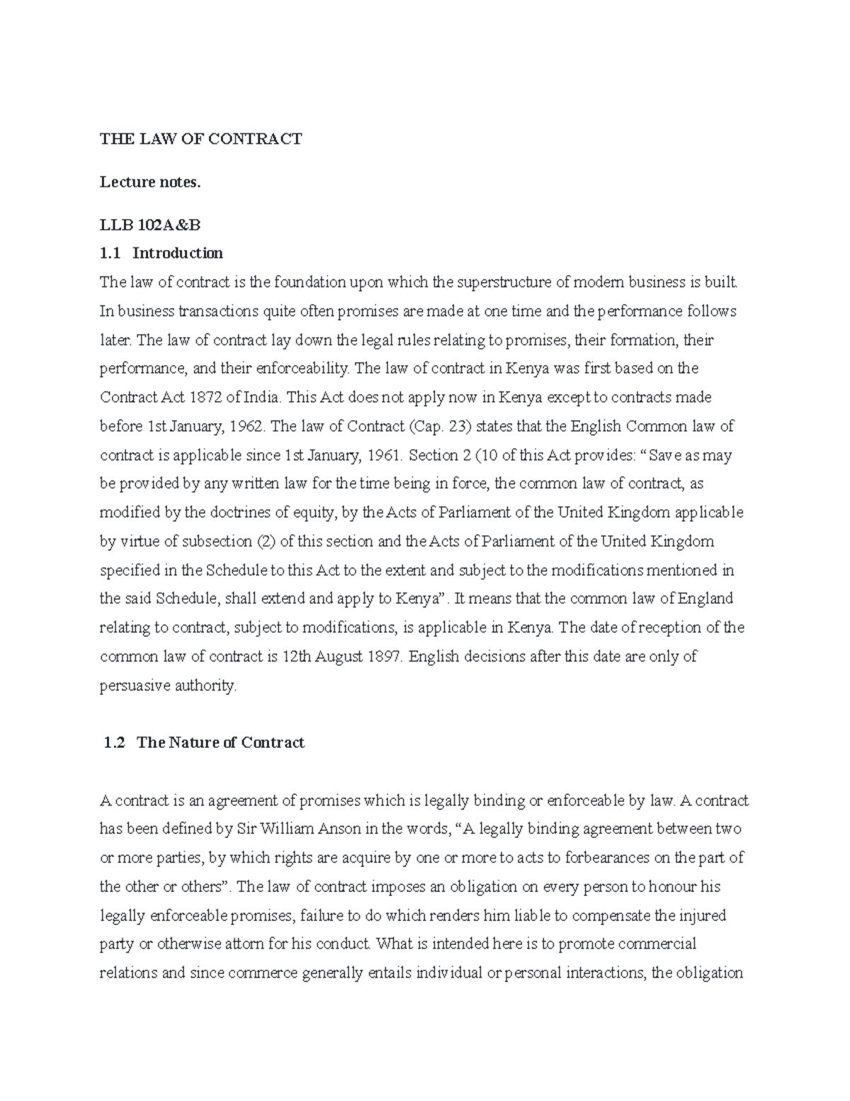 THE LAW OF Contract-WEEK 1 - THE LAW OF CONTRACT Lecture notes. LLB ...