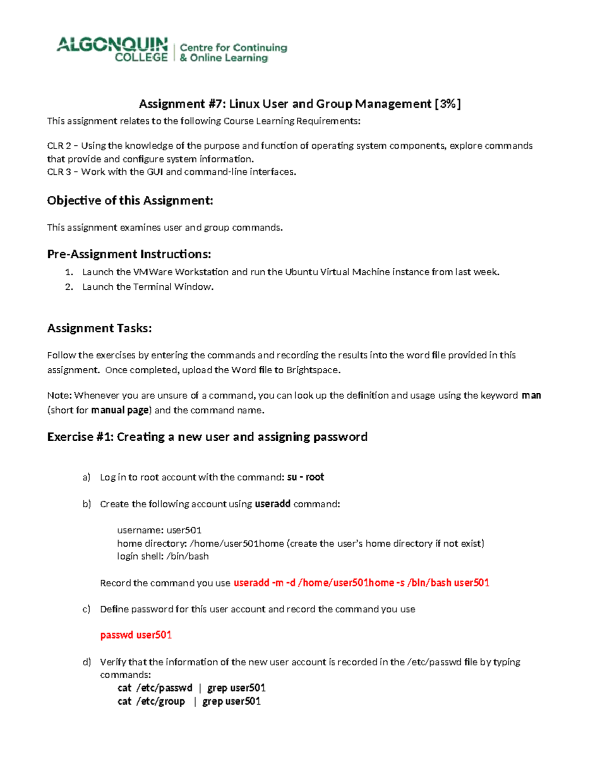 CST8102 - Assignment #7: Linux User & Group Management Guide - Studocu