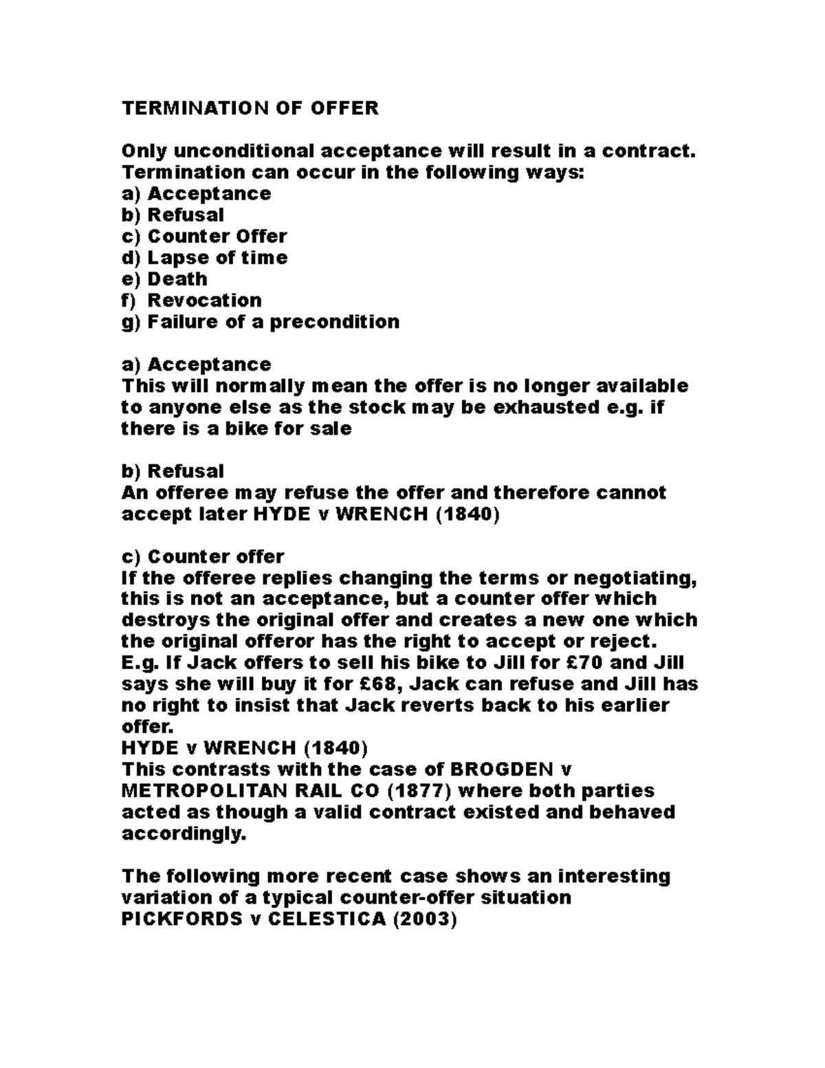 Contract Law: Termination of Offer and Acceptance Cases - Studocu