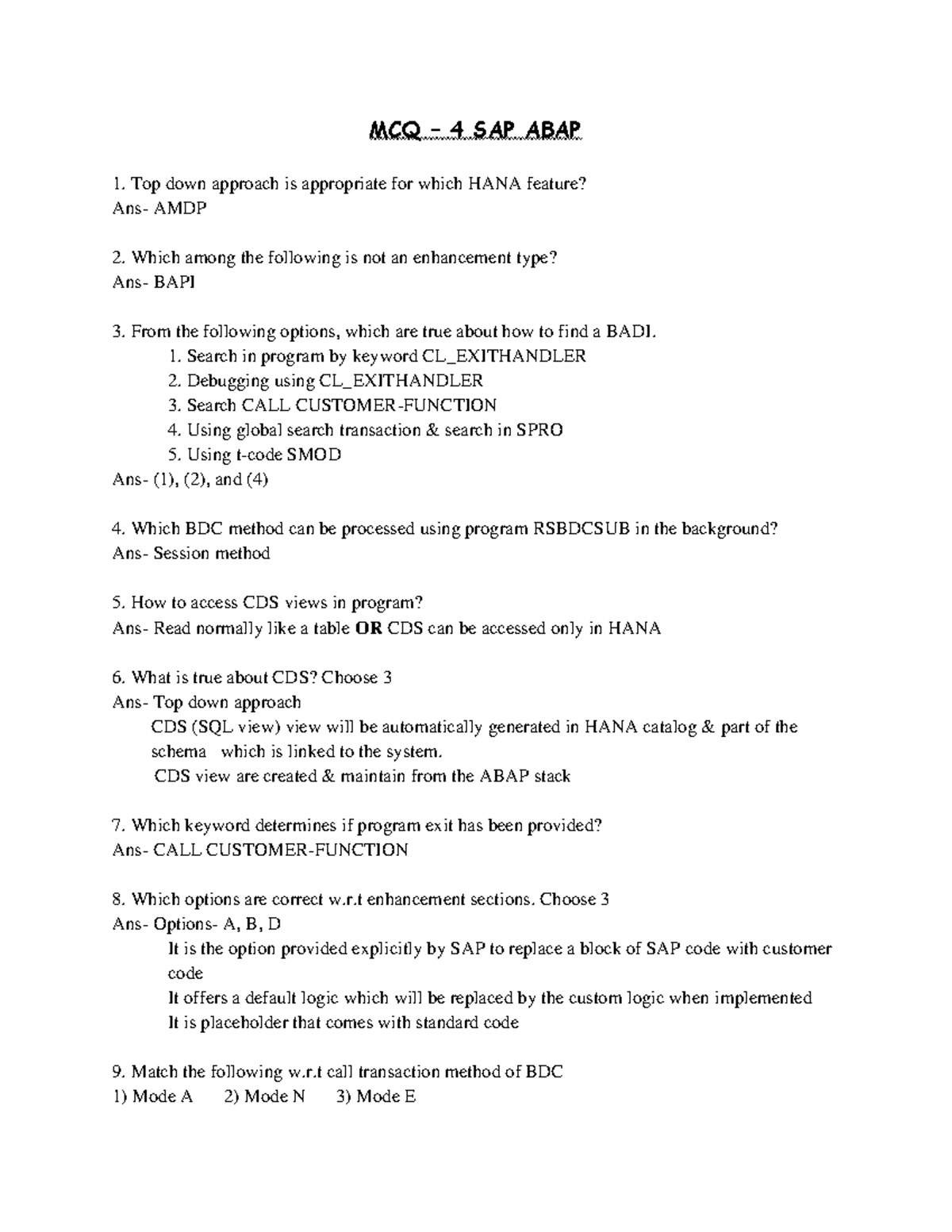 MCQ 4 - SAP ABAP Quiz Questions and Answers - Studocu