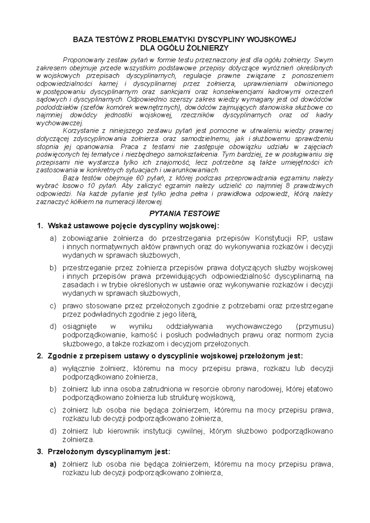 Baza pytań testowych z dyscypliny wojskowej (1-60) dla żołnierzy - Studocu