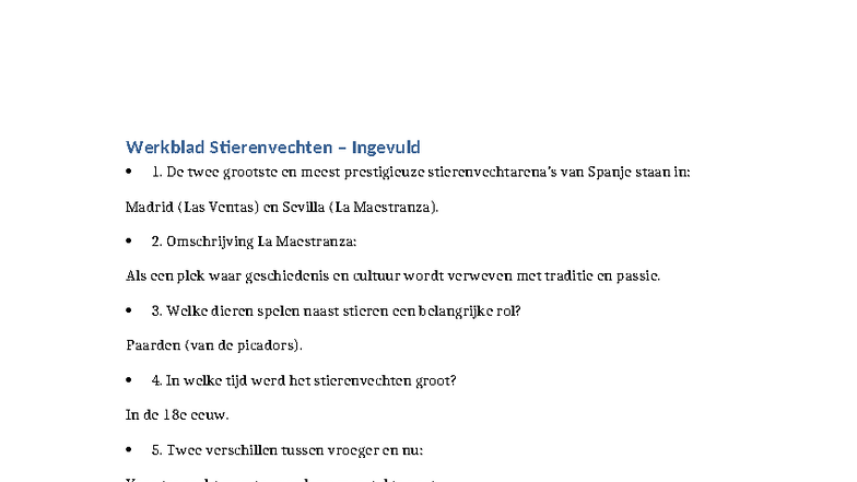 Werkblad Stierenvechten Ingevuld: Geschiedenis en Cultuur - Studeersnel