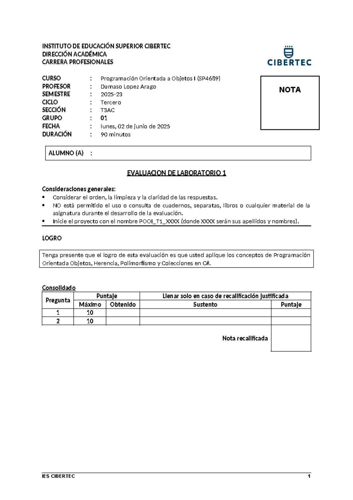 Evaluación de Laboratorio 1 - Programación Orientada a Objetos I (SP4689) - Document Preview