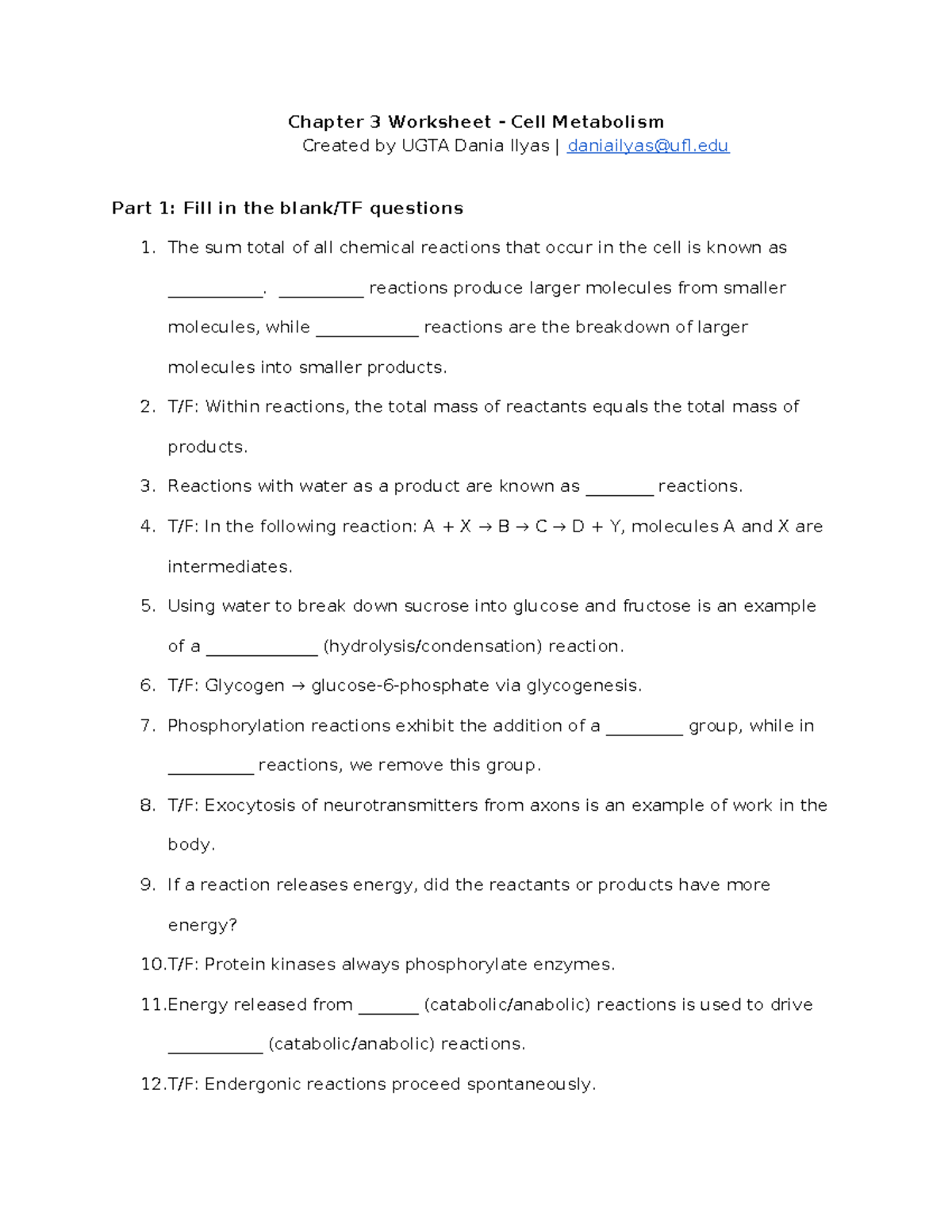 Chapter 3 Worksheet - Cell Metabolism Study Guide - Studocu