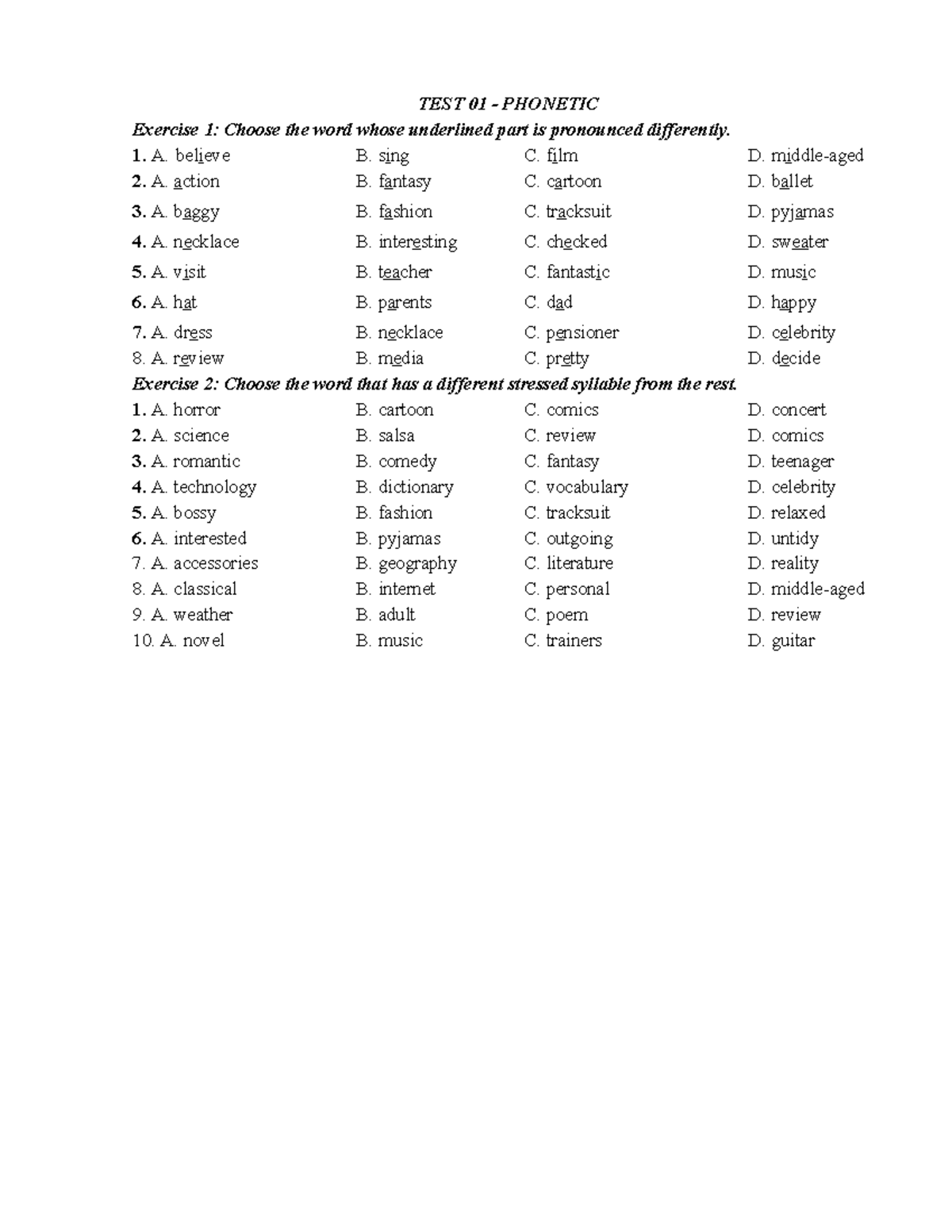 TEST 01 PHONETICS Practice Exercises on Pronunciation and Stress - Studocu