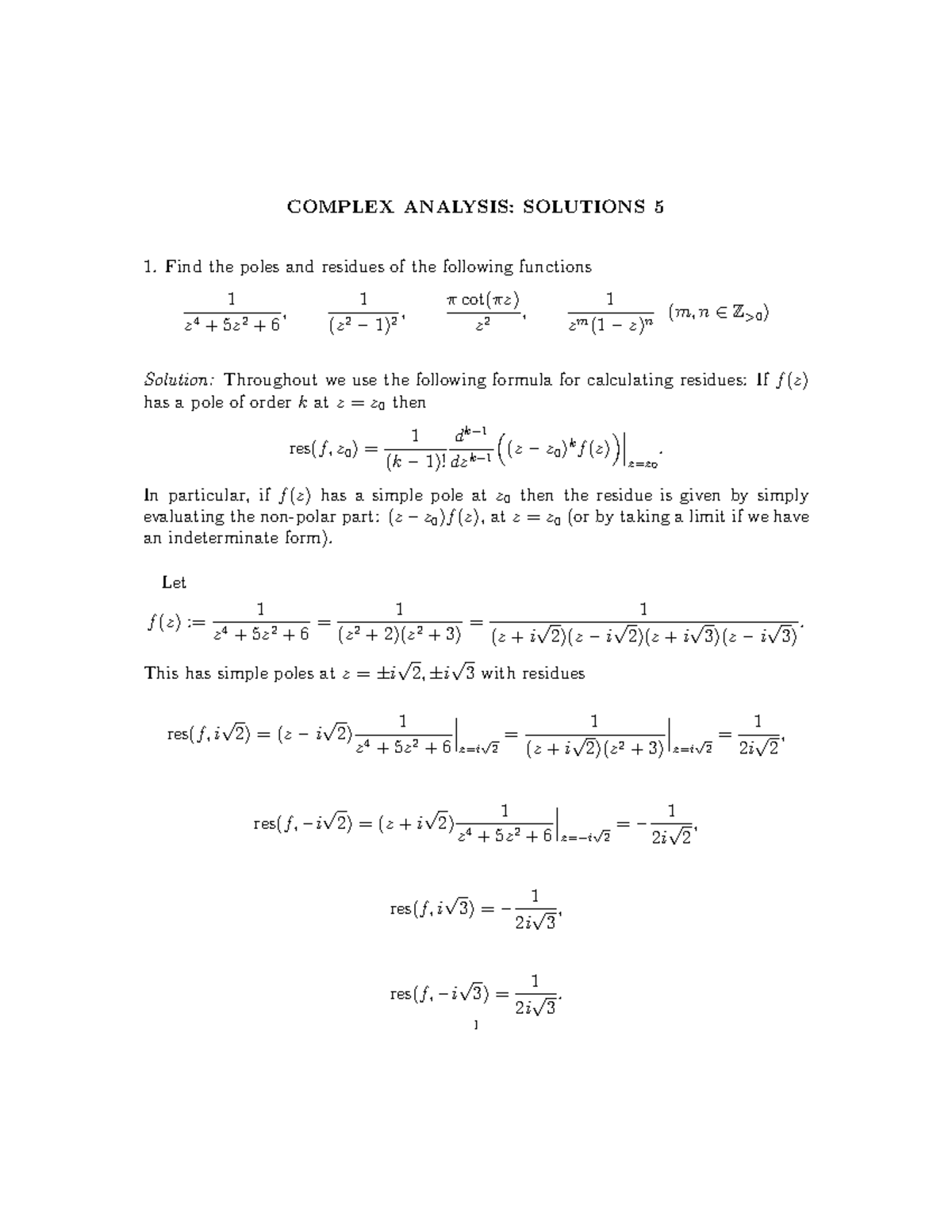 Residue Theorem Solutions for Complex Analysis (MATH 502) - Studocu