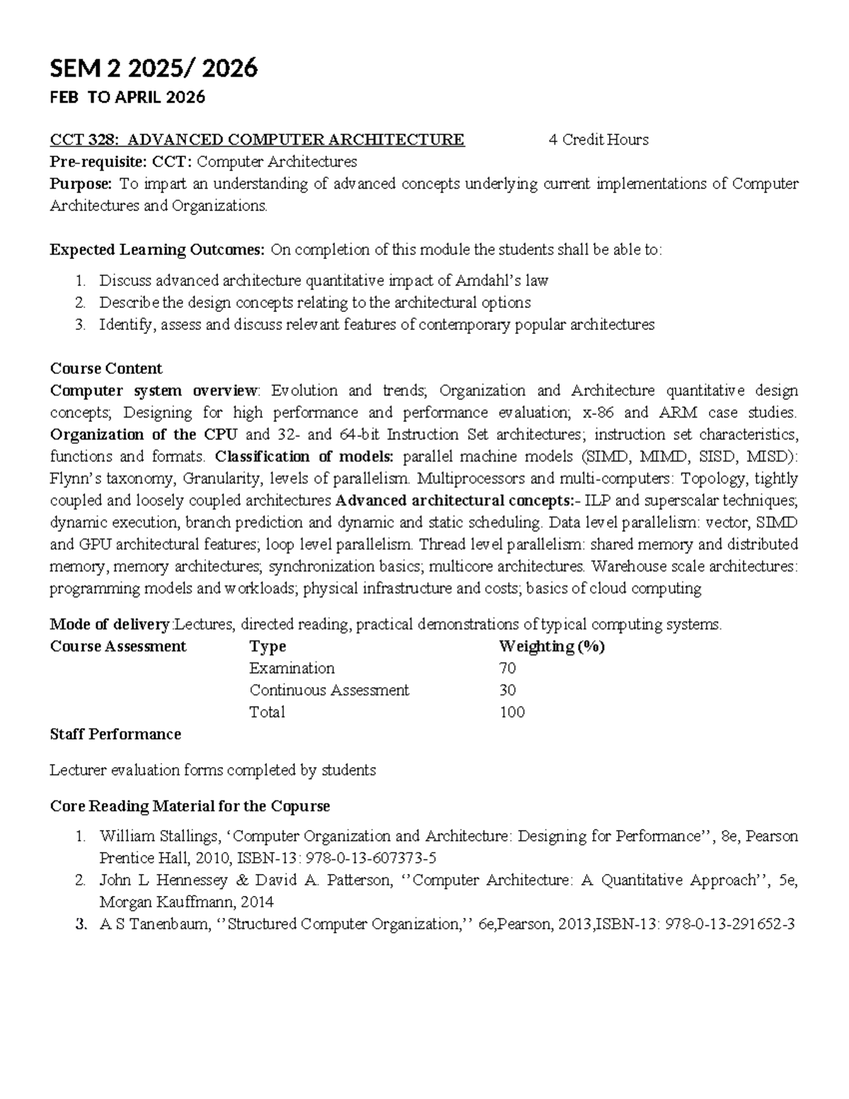 CCT 328: Advanced Computer Architecture Course Overview (Feb-Apr 2026 ...