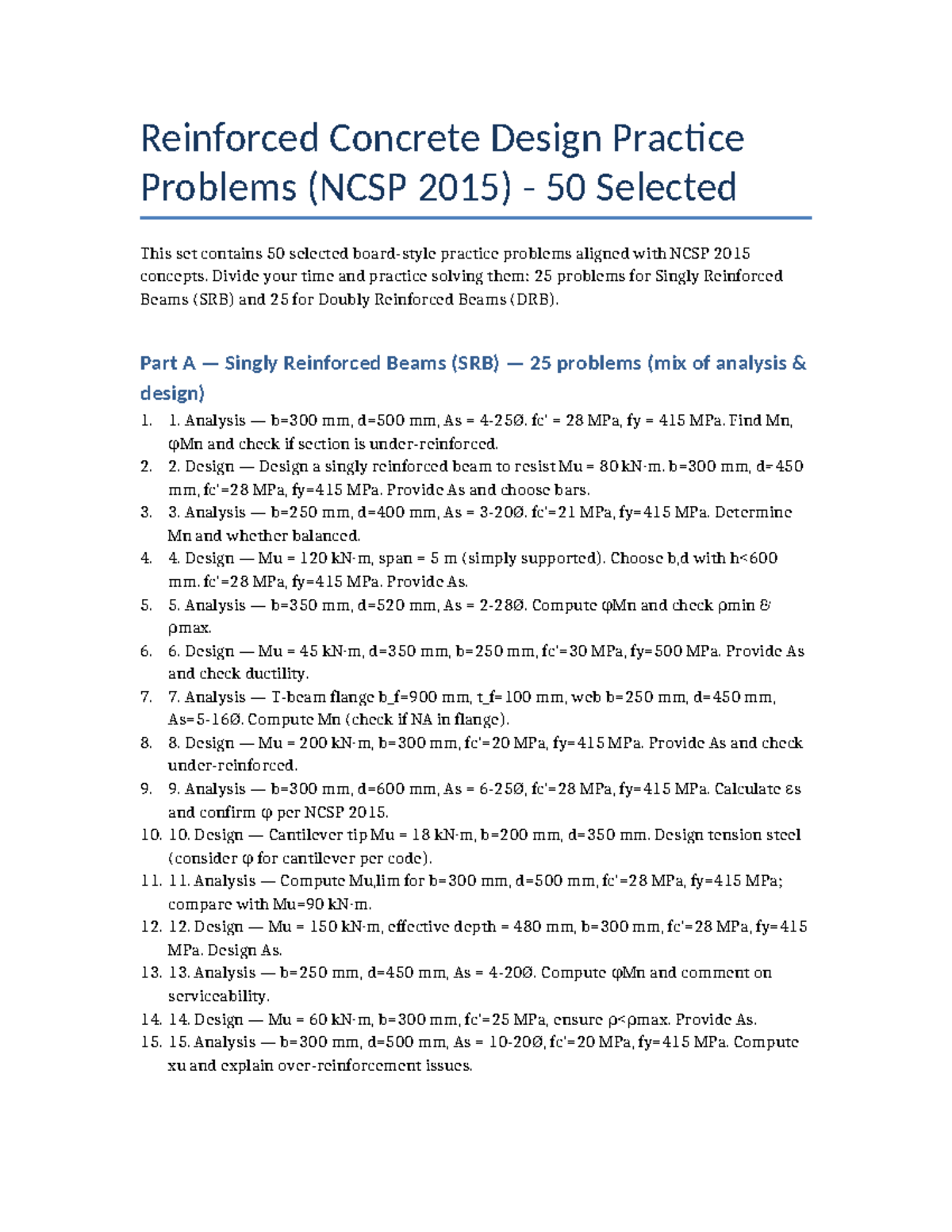 RCD Practice Problems: 50 Selected for NCSP 2015 - Studocu