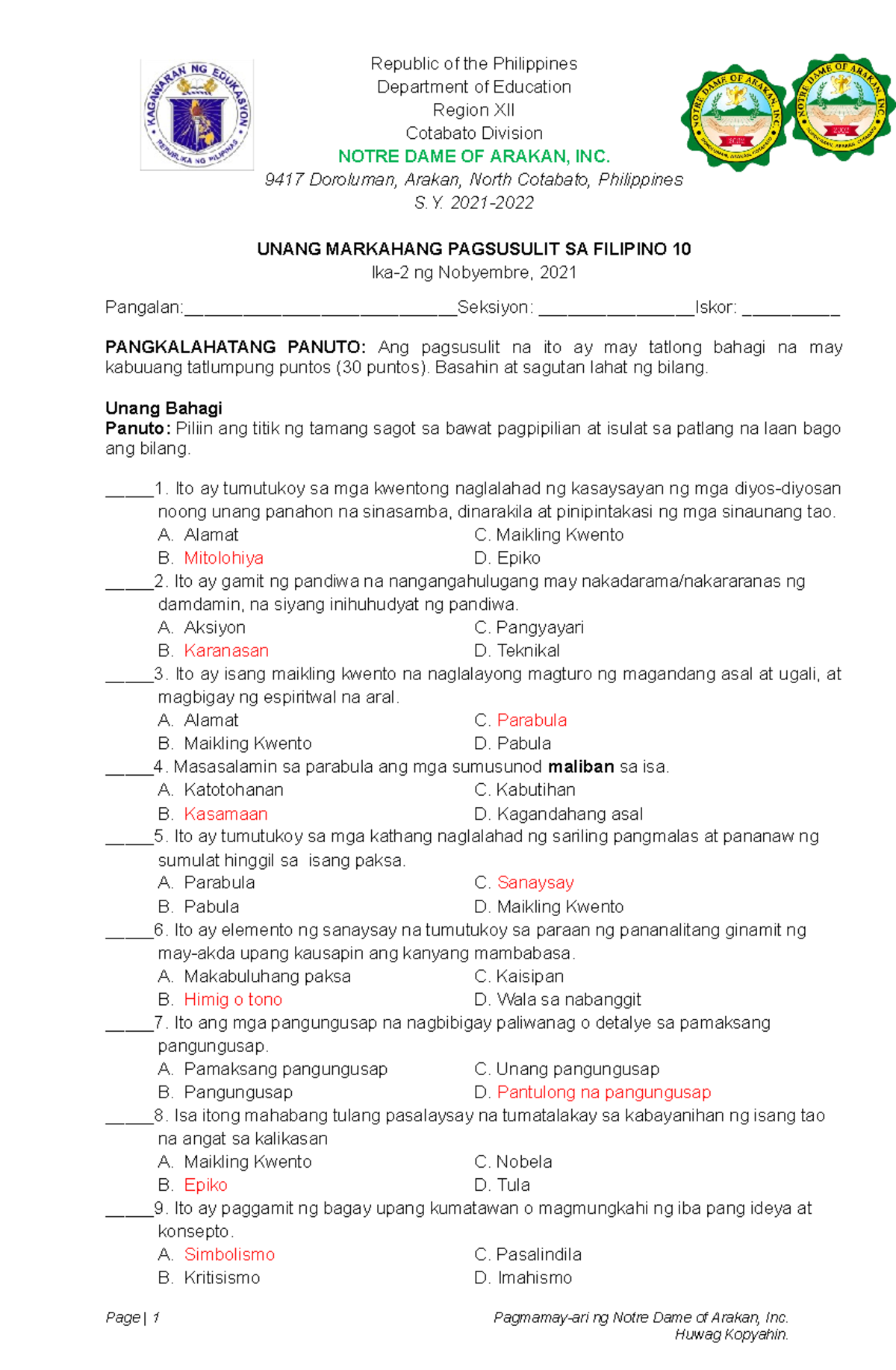Exam at performance answer key - Republic of the Philippines Department ...