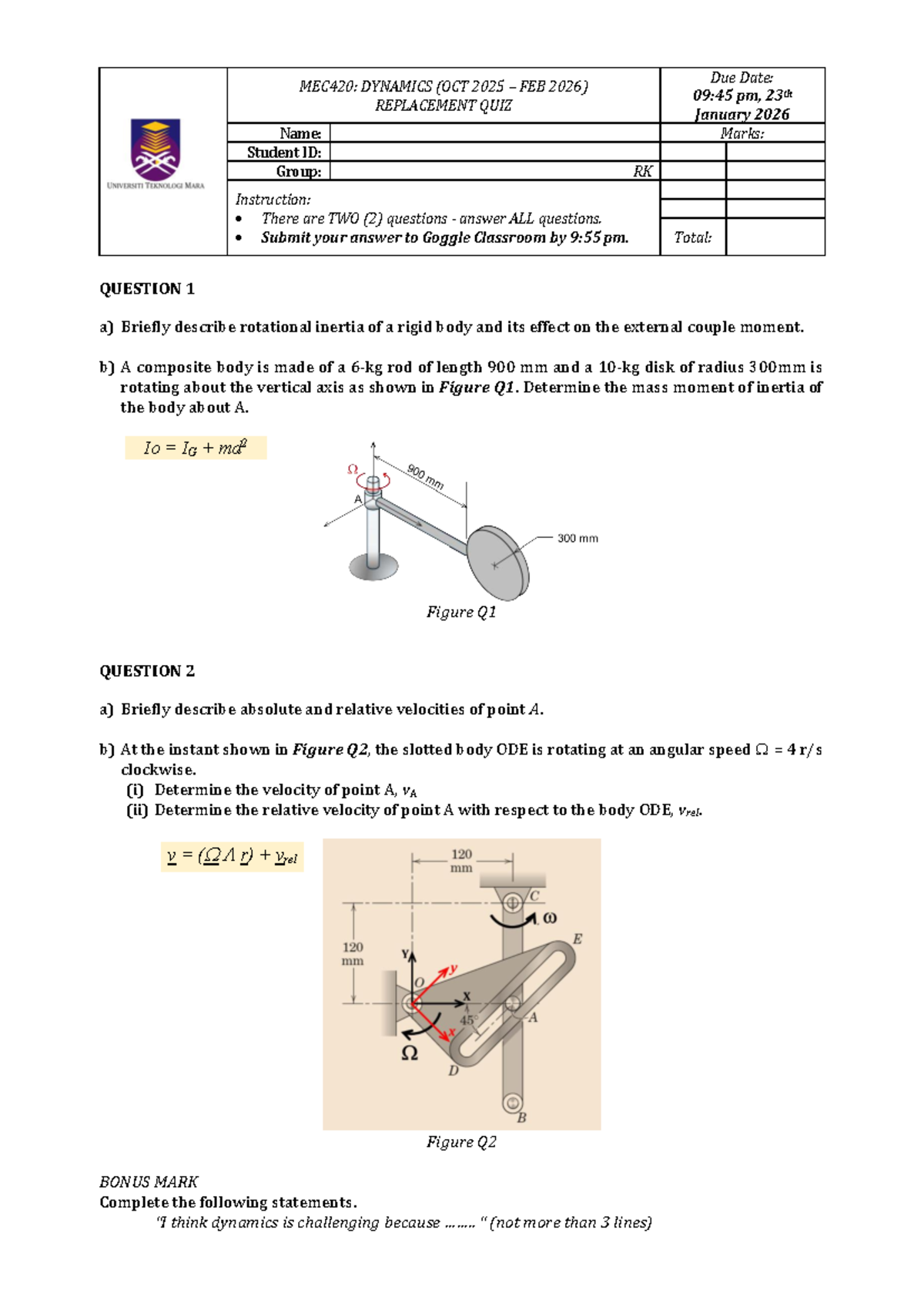 REPLACEMENT QUIZ MEC420: DYNAMICS (OCT 2025 FEB 2026) - Studocu