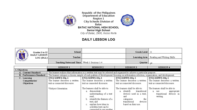 Grade 11 Daily Lesson Log (DLL) for Reading and Writing Skills - Studocu