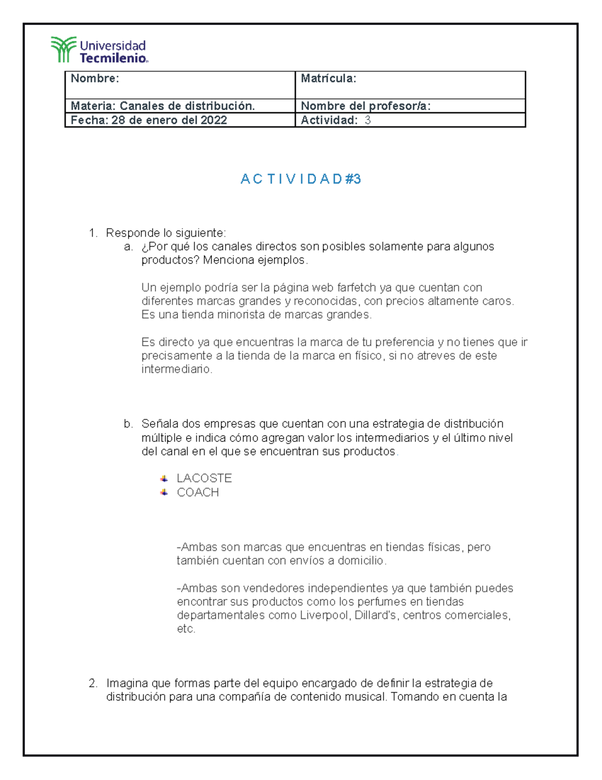 Act3Canales - actividad 3 canales de distribucion - Nombre: Matrícula ...