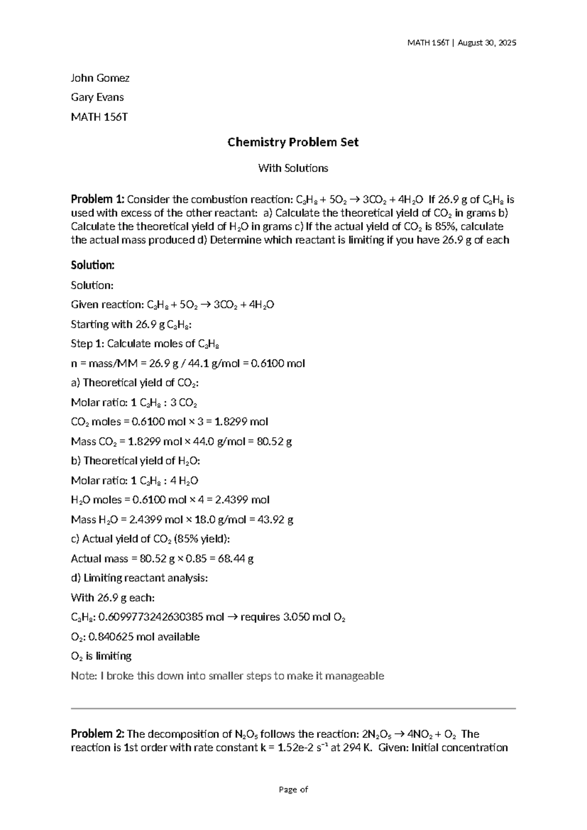 MATH 156T Chemistry Problem Set Solutions and Analysis - Studocu