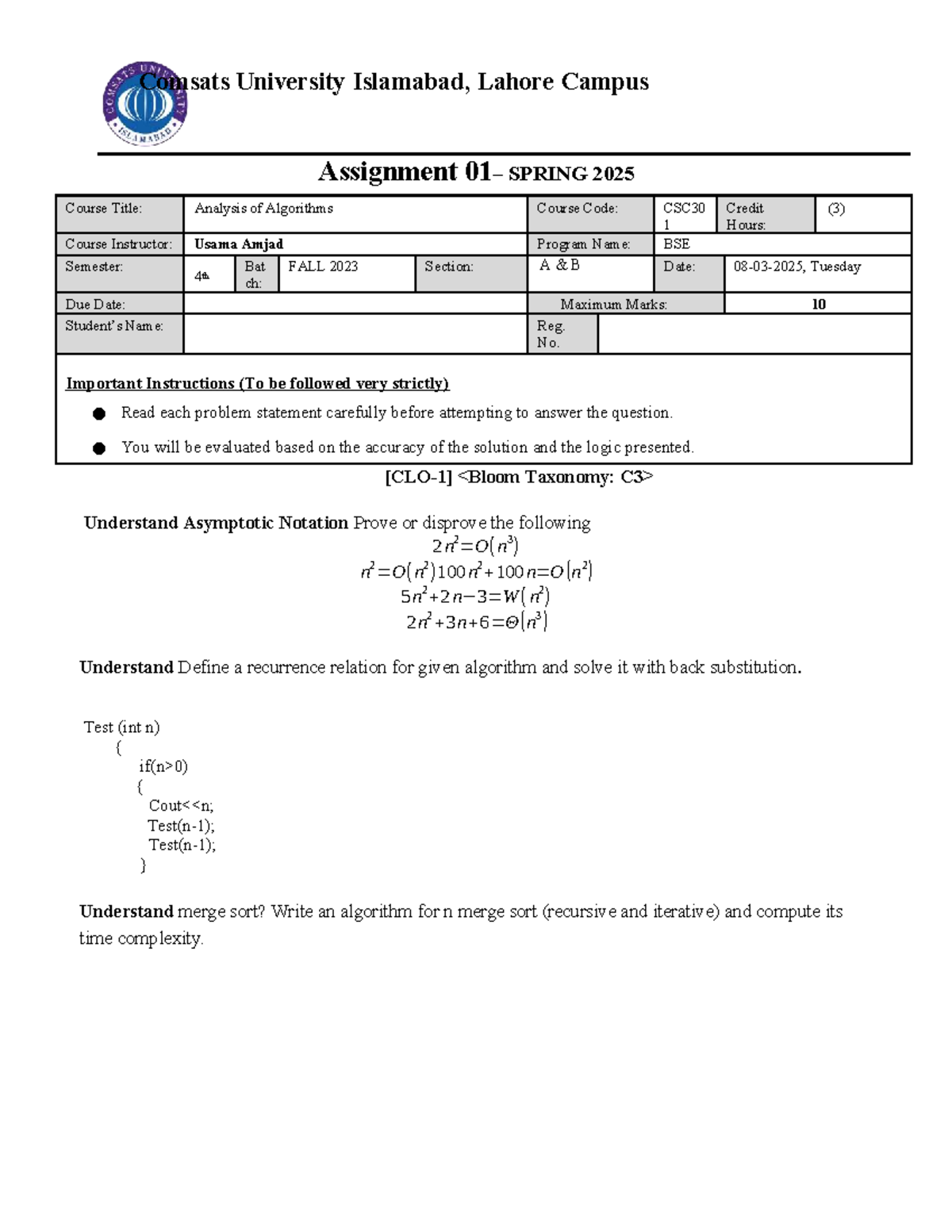 Assignment 1 DAA: Analysis of algorithms for CSC301, Fall 2023 - Studocu