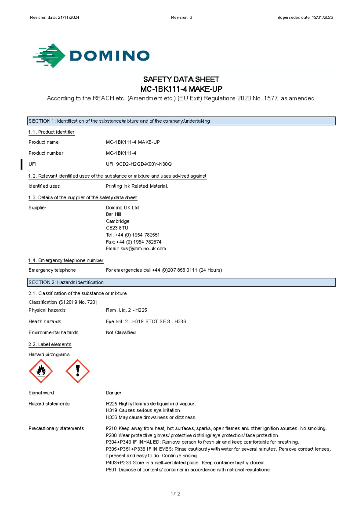 MC-IBK111 Safety Data Sheet for Printing Ink Related Material - Studocu