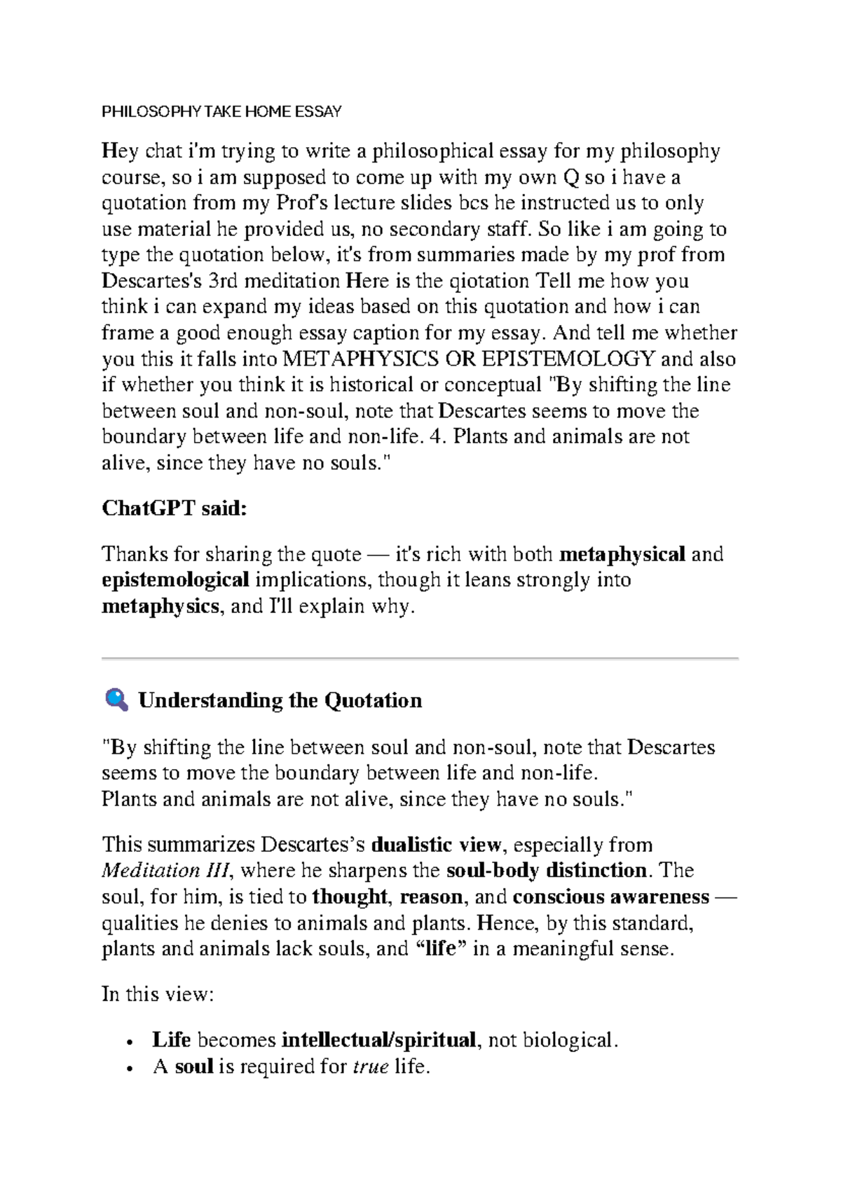 PHIL 101 Take Home Essay: Exploring Descartes on Life and the Soul ...