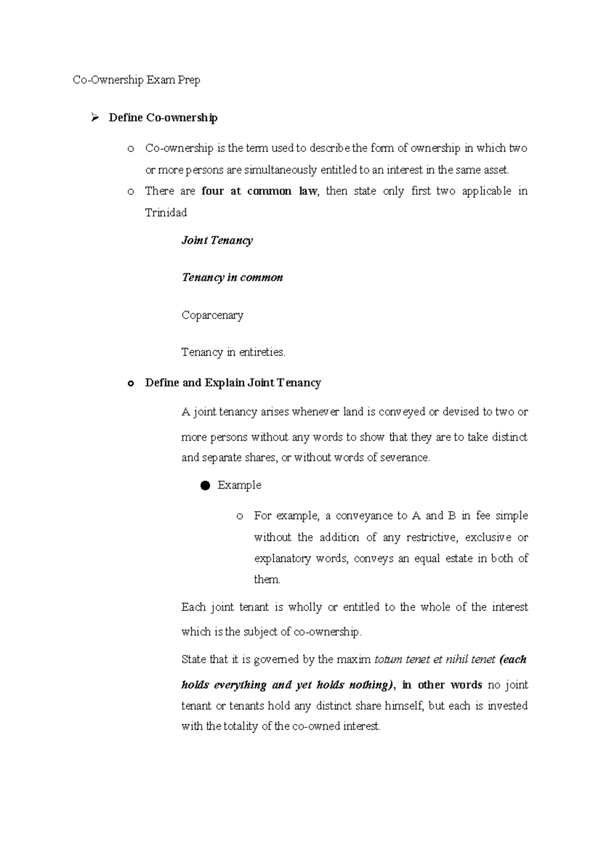 Co-ownership Exam Prep: Joint Tenancy vs. Tenancy in Common - Studocu
