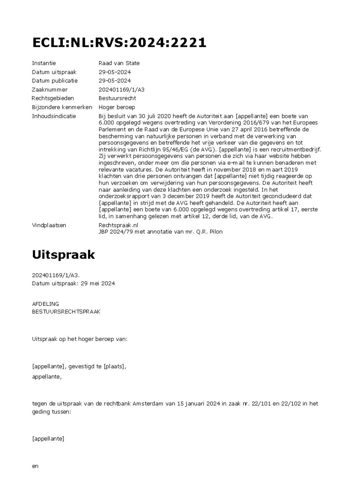 ECLI NL RVS 2024 2221 - Belangrijk Arrest voor Tentamen Bestuursrecht ...