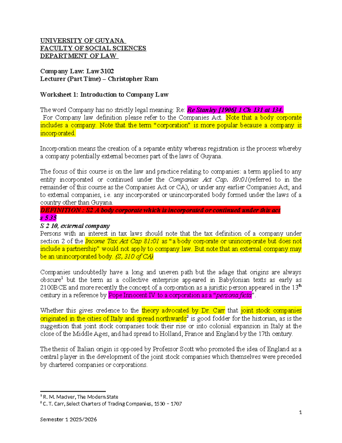 Company Law 3102: Worksheet 1 - Introduction to Company Law - Studocu