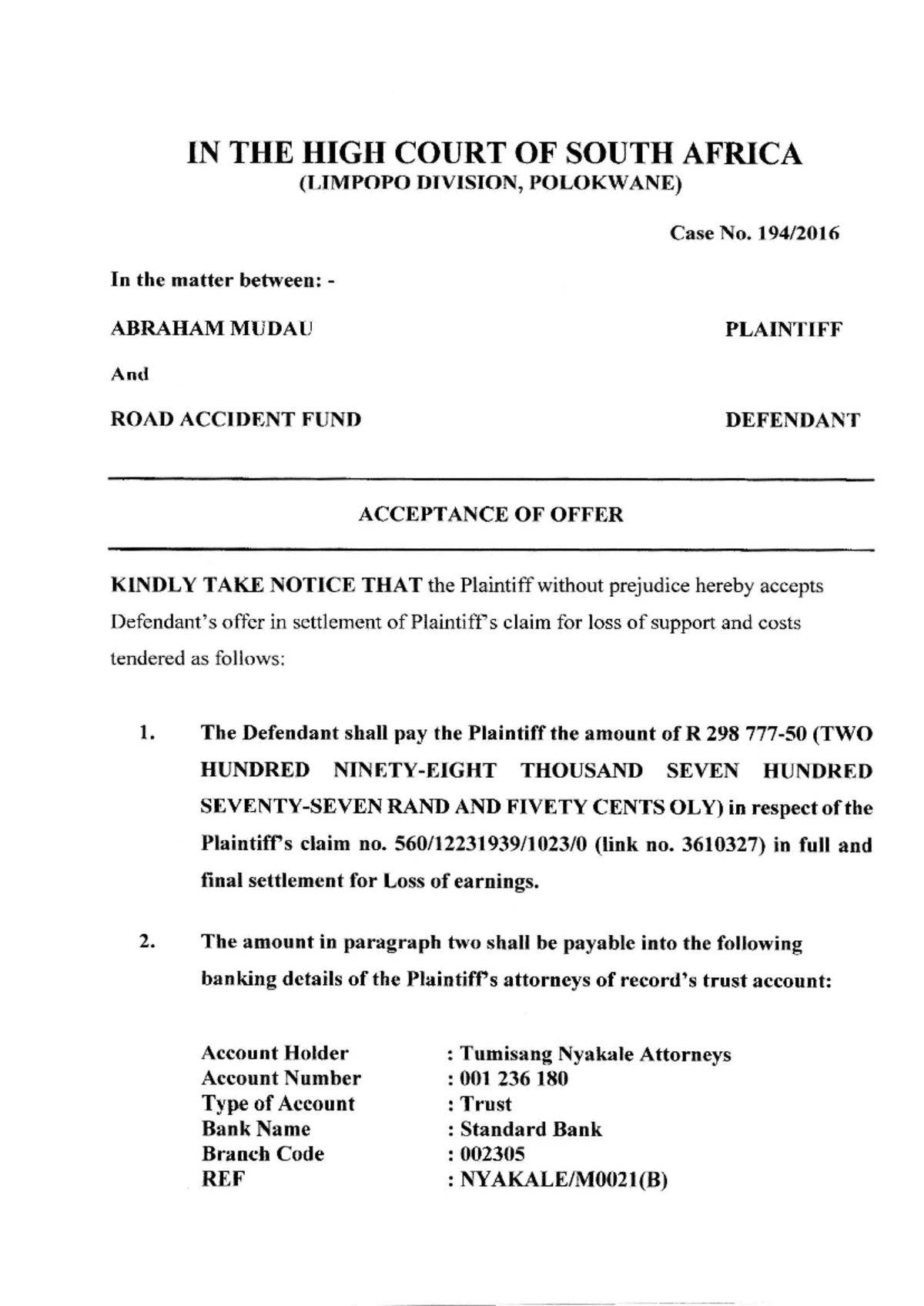 Affidavit Template for RAF Act Sec 19F - Road Accident Fund - Studocu
