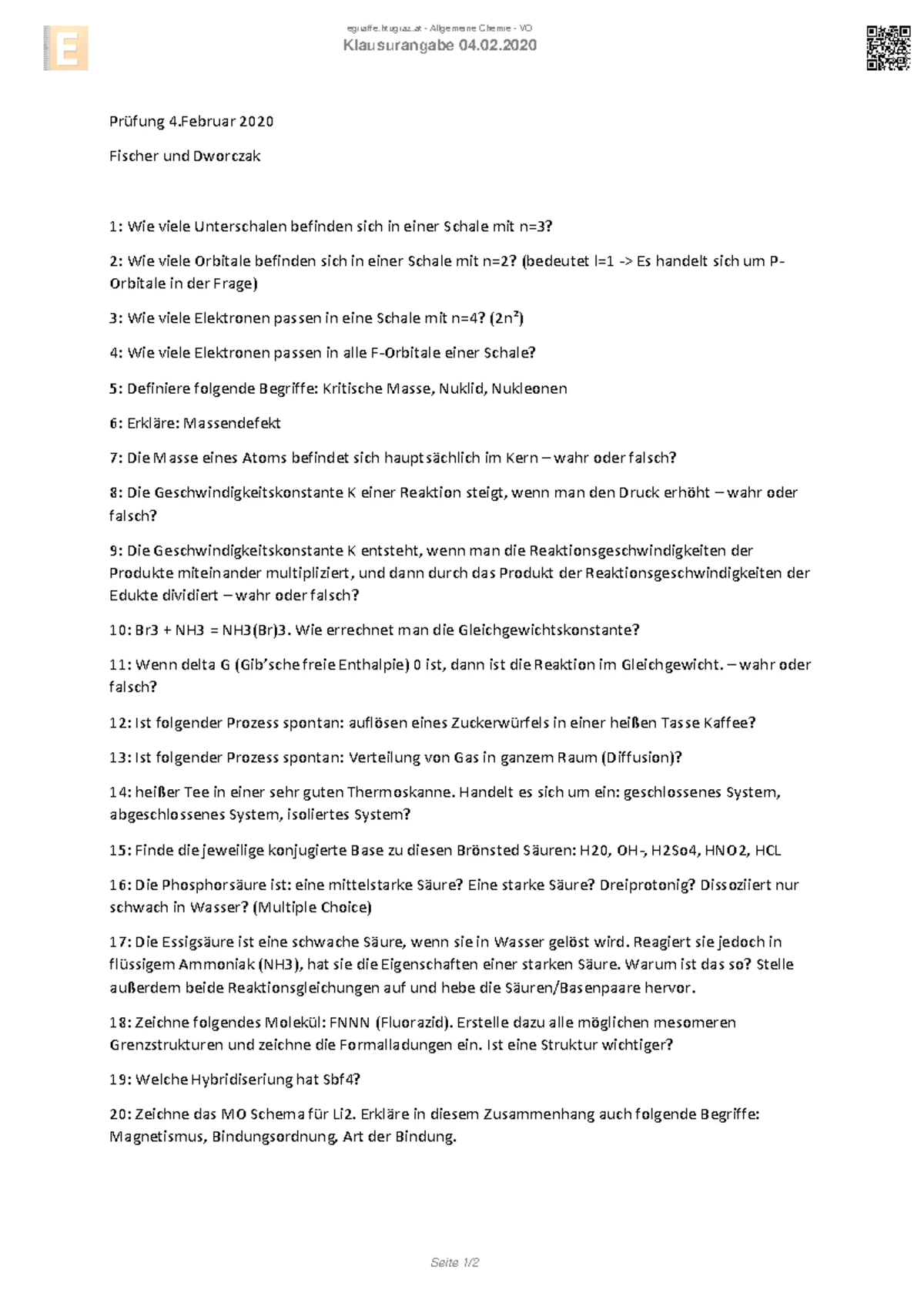 CHE119 Uebungszettel 3 WS1920 - ÜBUNGSBLATT 3 CHE Übungen zur ...