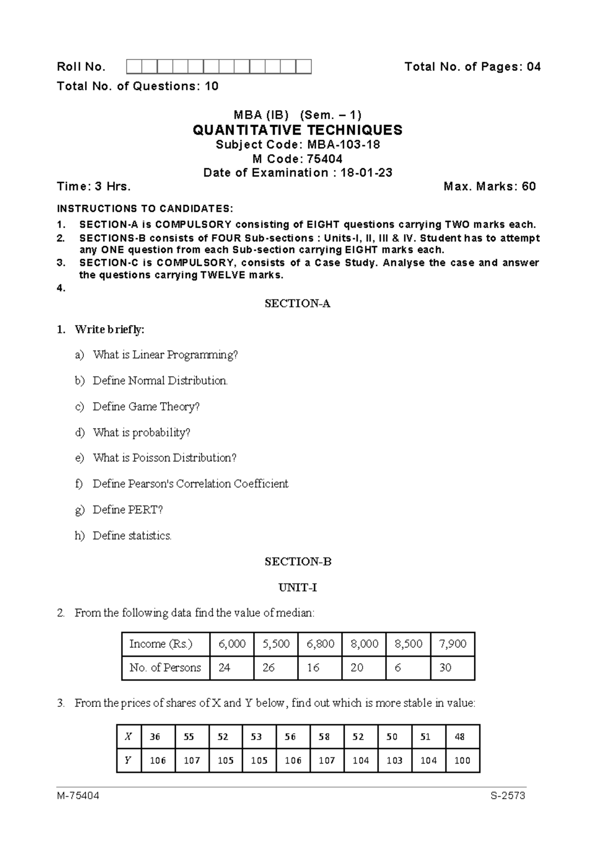 MBA (IB) Sem 1 Quantitative Techniques Exam Paper 75404 - Jan 2023 ...