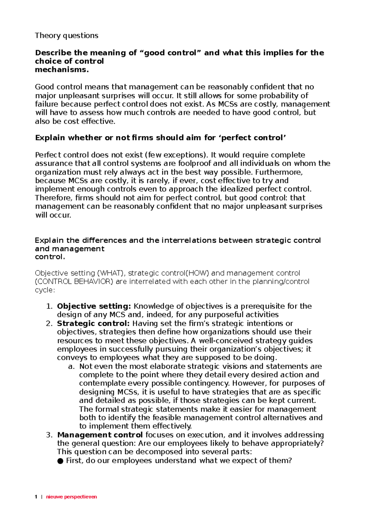 Management Control Systems: Theory Questions and Key Concepts (TT ...