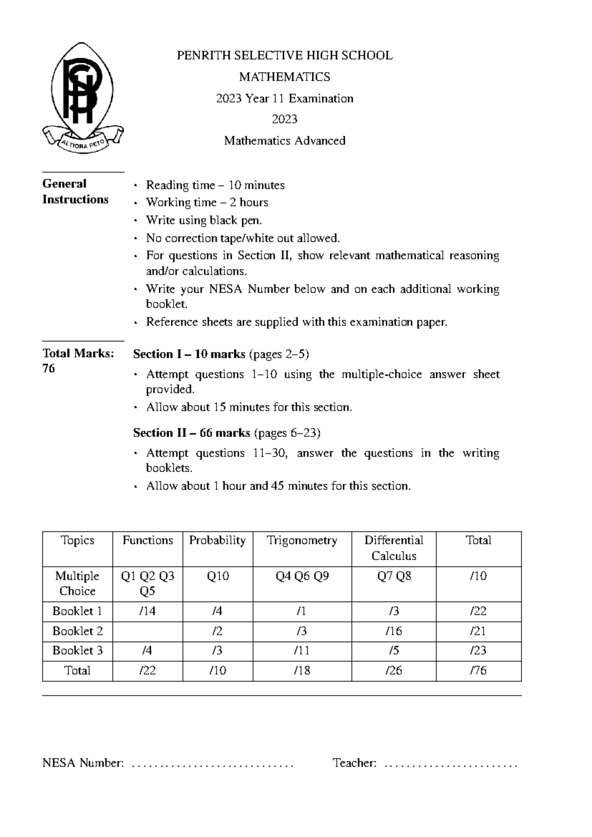 PENRITH SELECTIVE HIGH SCHOOL MATH 2023 Year 11 Exam Solutions - Studocu