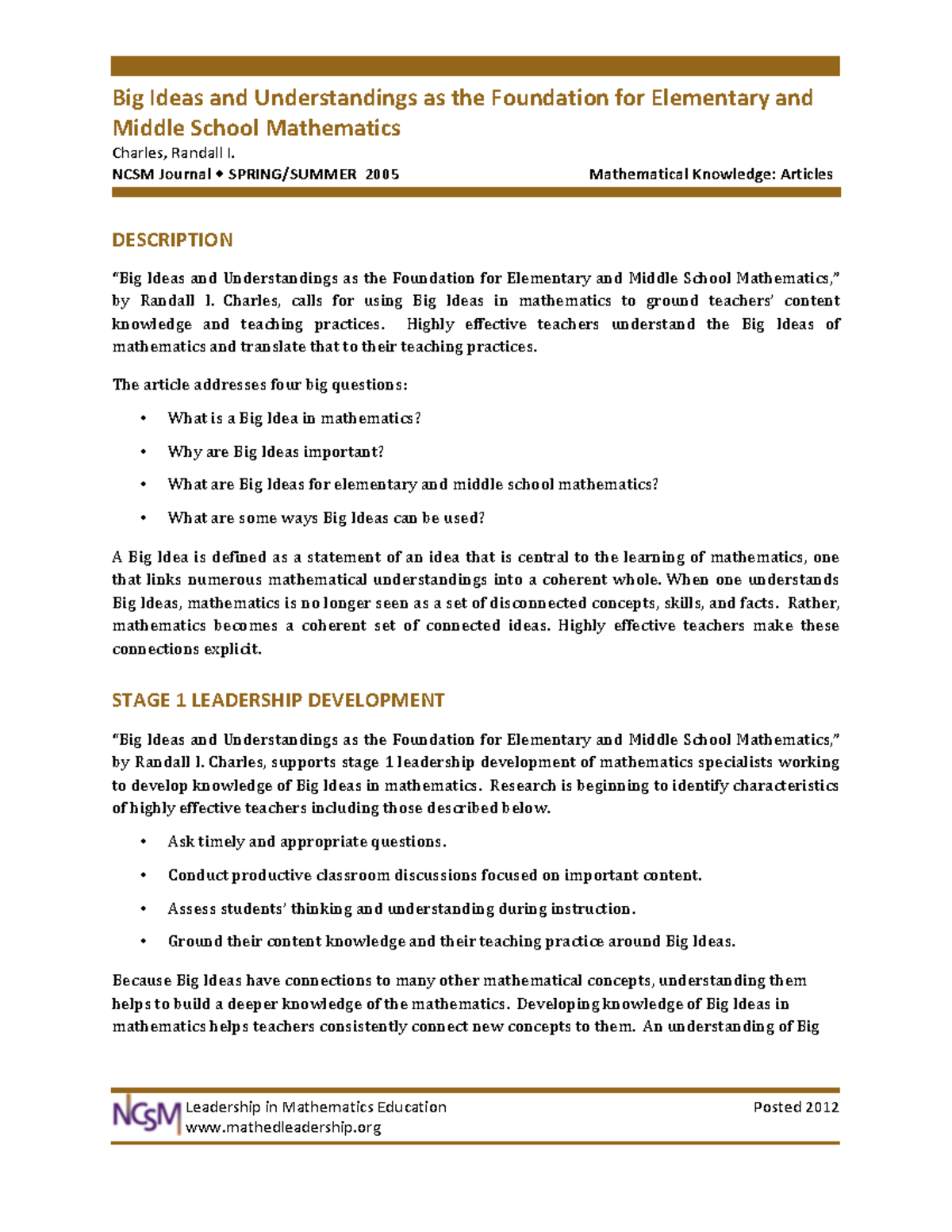 Big Ideas in Mathematics: Foundations for Elementary & MS Teaching ...