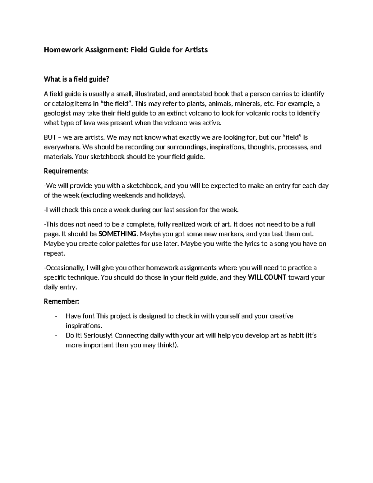 Homework Assignment: Field Guide for Artists - Studocu