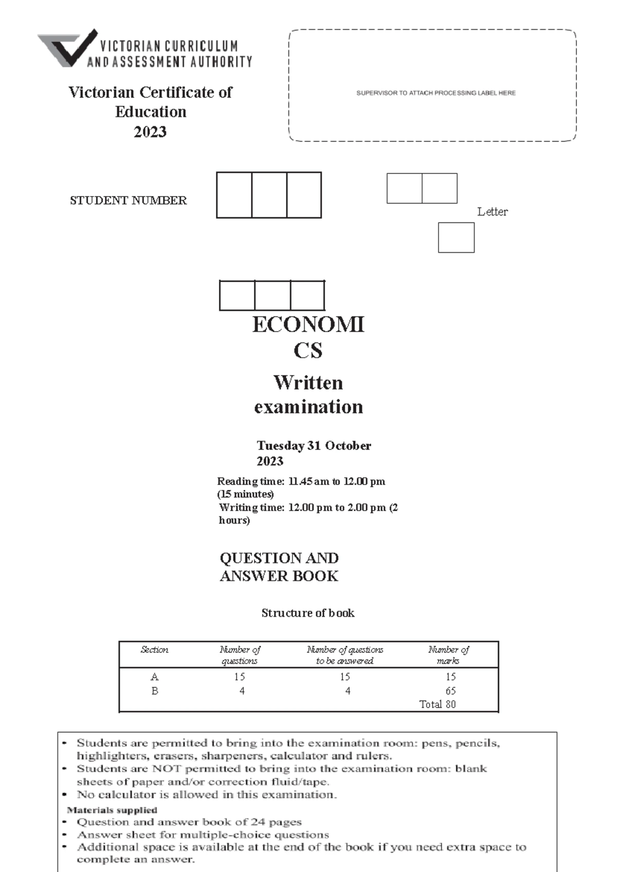 2024 VCE Economics - Final Exam Question & Answer Book - Studocu