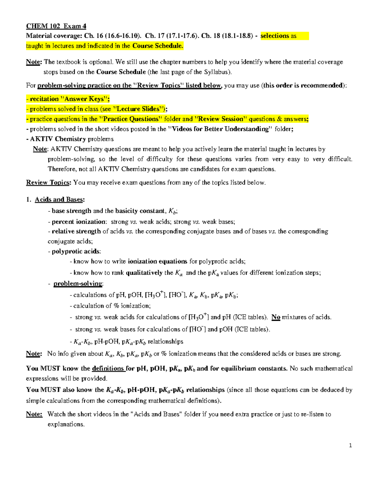 CHEM 102 W26 Exam IV Review: Ch. 16-18 Key Topics - Studocu