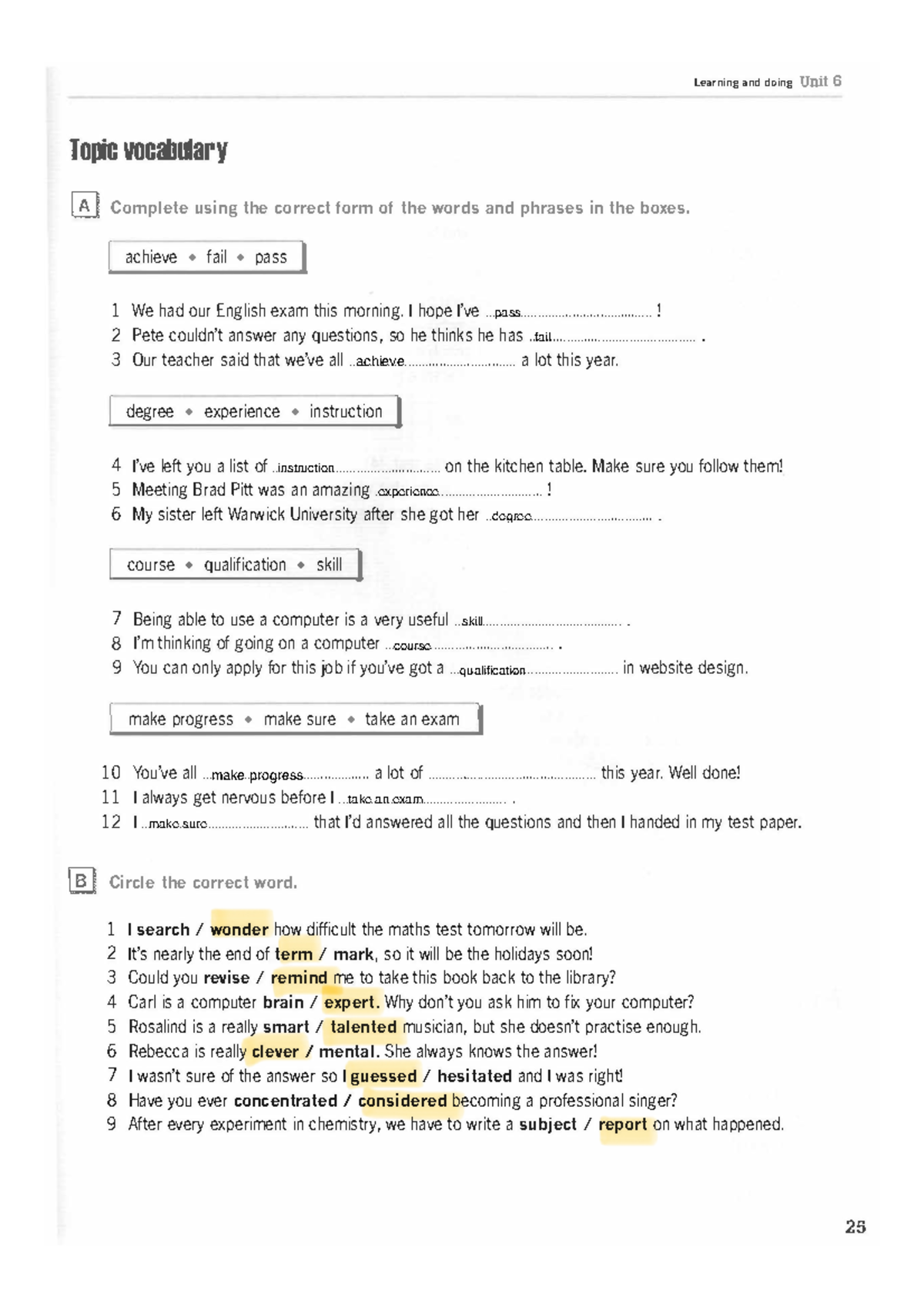 Unit 6 Vocabulary & Exercises: Learning & Doing - English Exam Prep ...