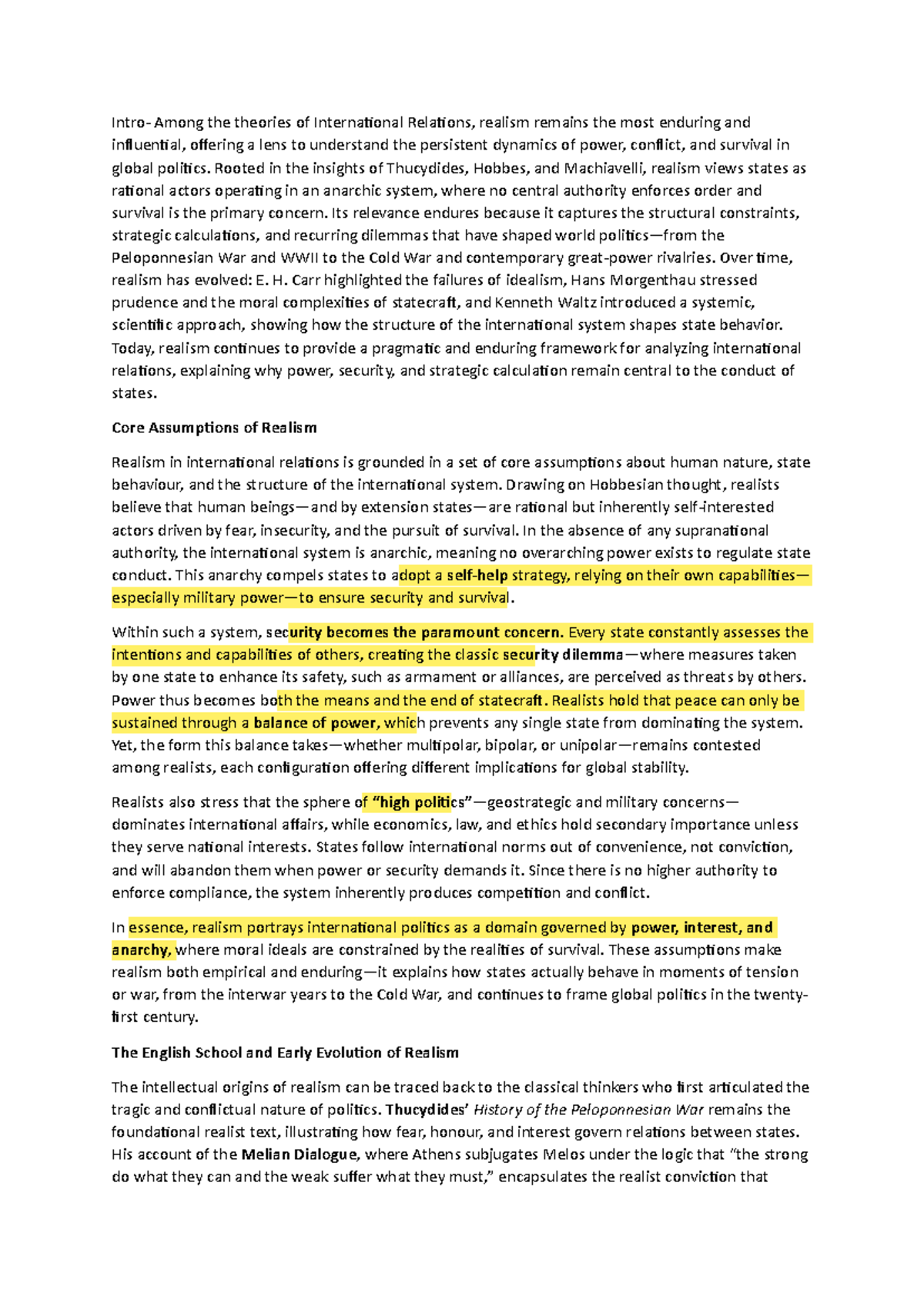 POLANS 401: Final Exam Notes on Realism in International Relations ...