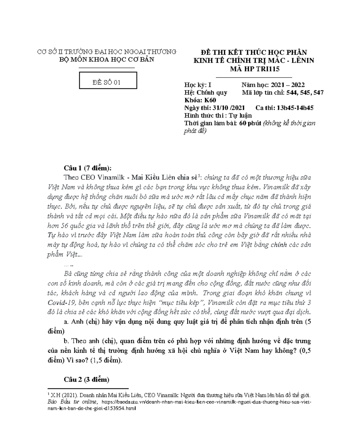 Đề thi cuối kỳ môn Kinh tế chính trị Mác - Lênin (cô Mai-ftu2) - Document Preview