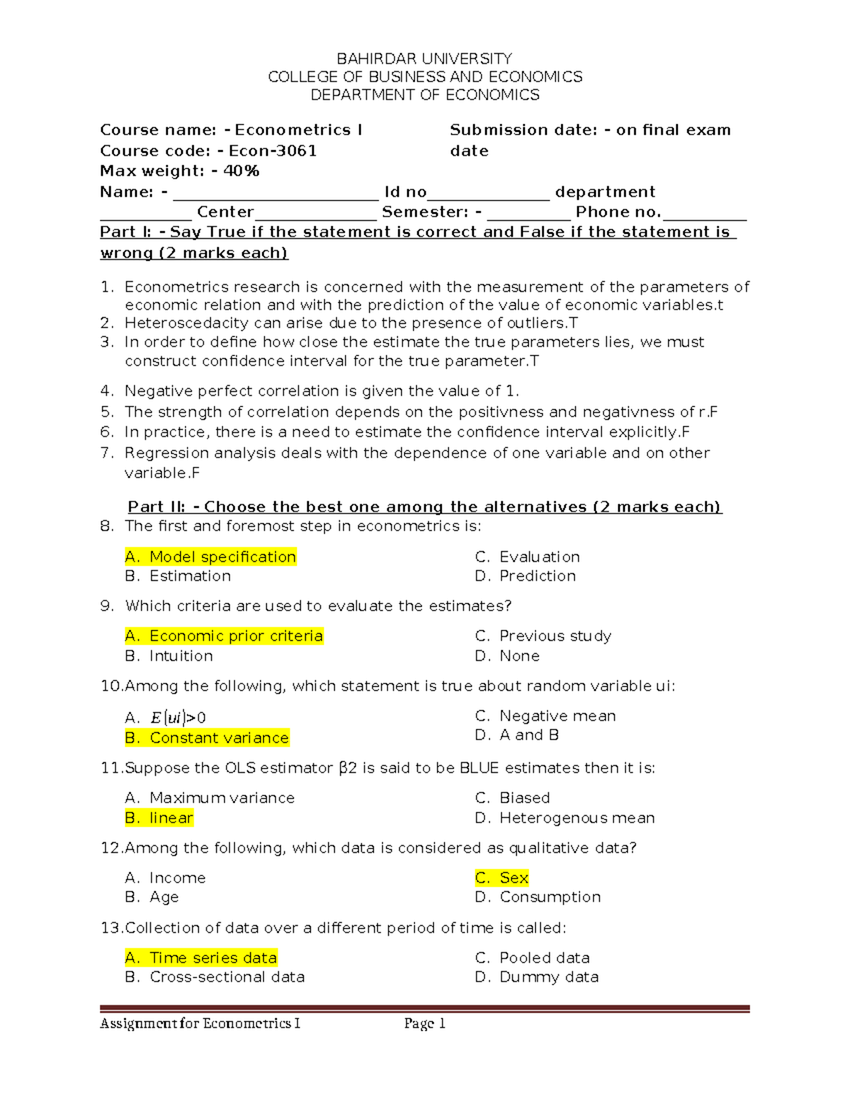 Econ 3061 Final Exam: Econometrics I Assignment Questions - Studocu