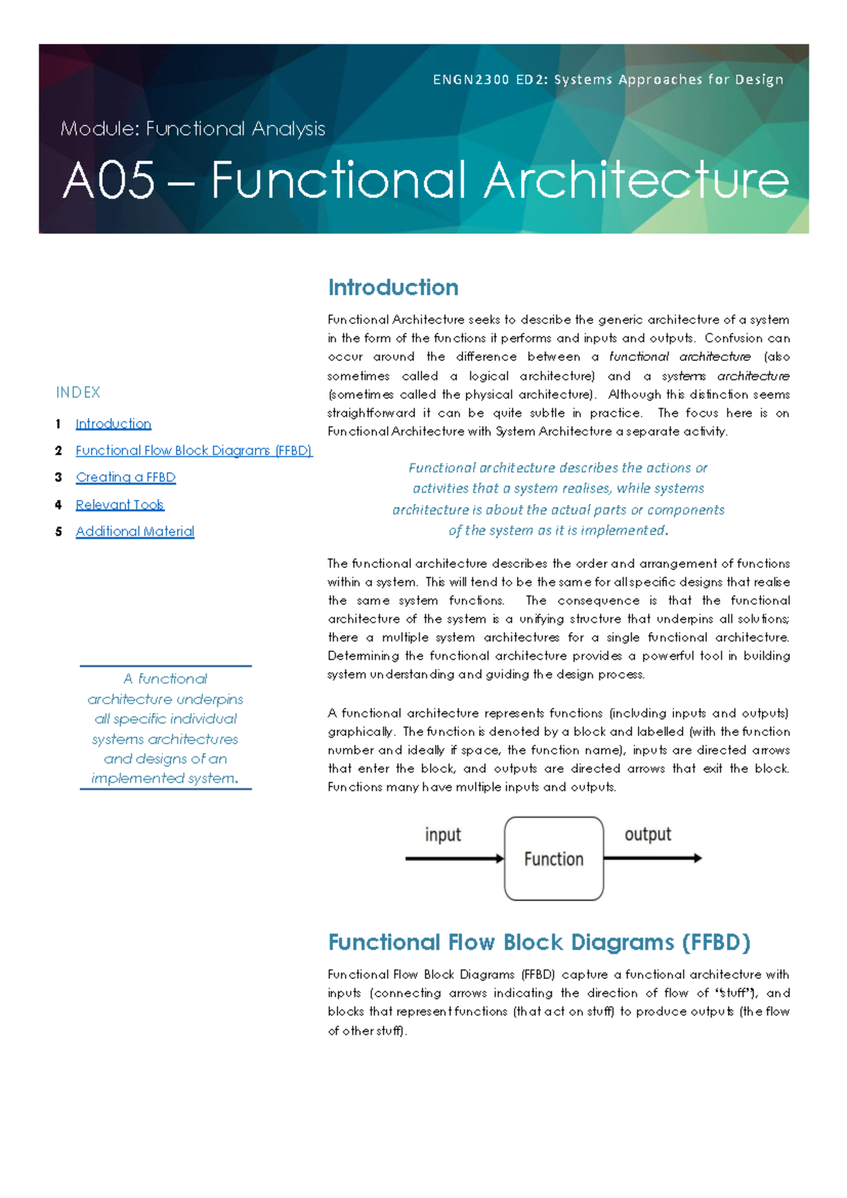 ENGN2300 ED2: A05 Functional Architecture and FFBD Overview - Studocu