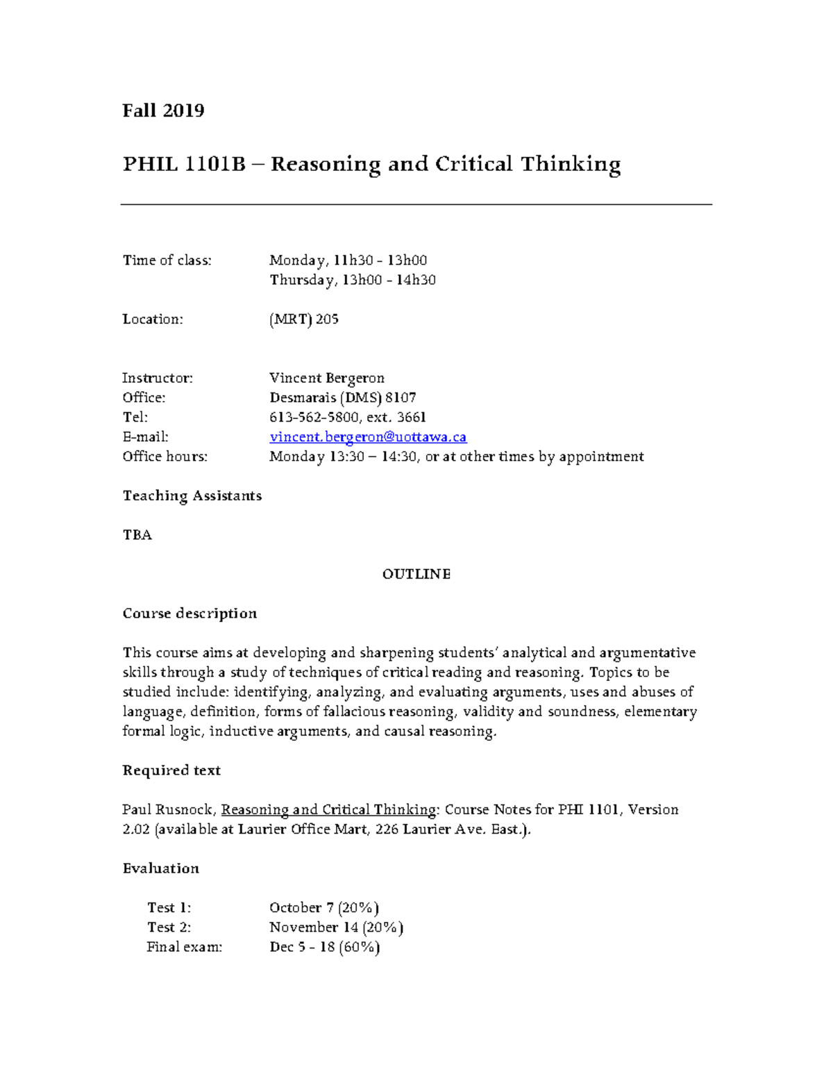Reasoning and Critical Thinking PHIL 1101 Syllabus - Fall 2019 PHIL ...