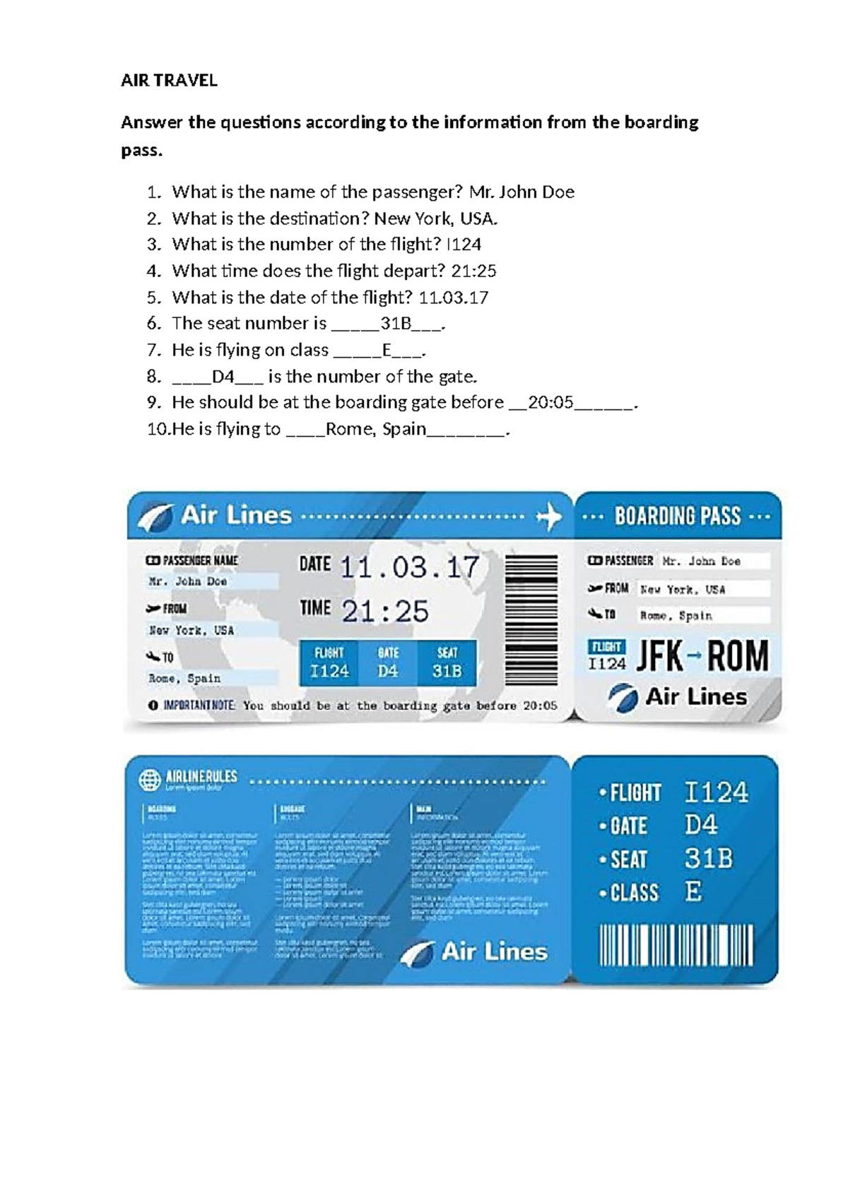 At the airport worksheet - AIR TRAVEL Answer the questions according to ...
