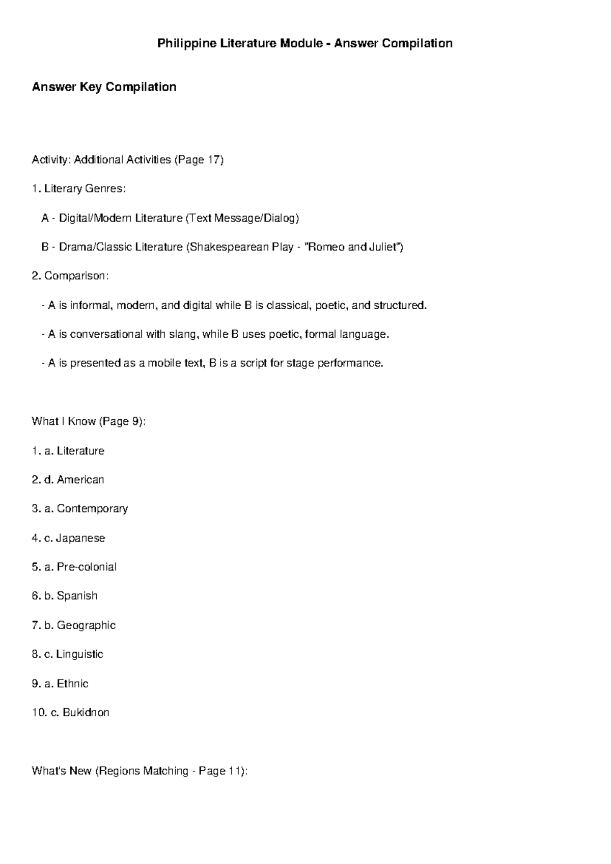 Philippine Literature Module Answer Key Compilation (Activity 1-4 ...