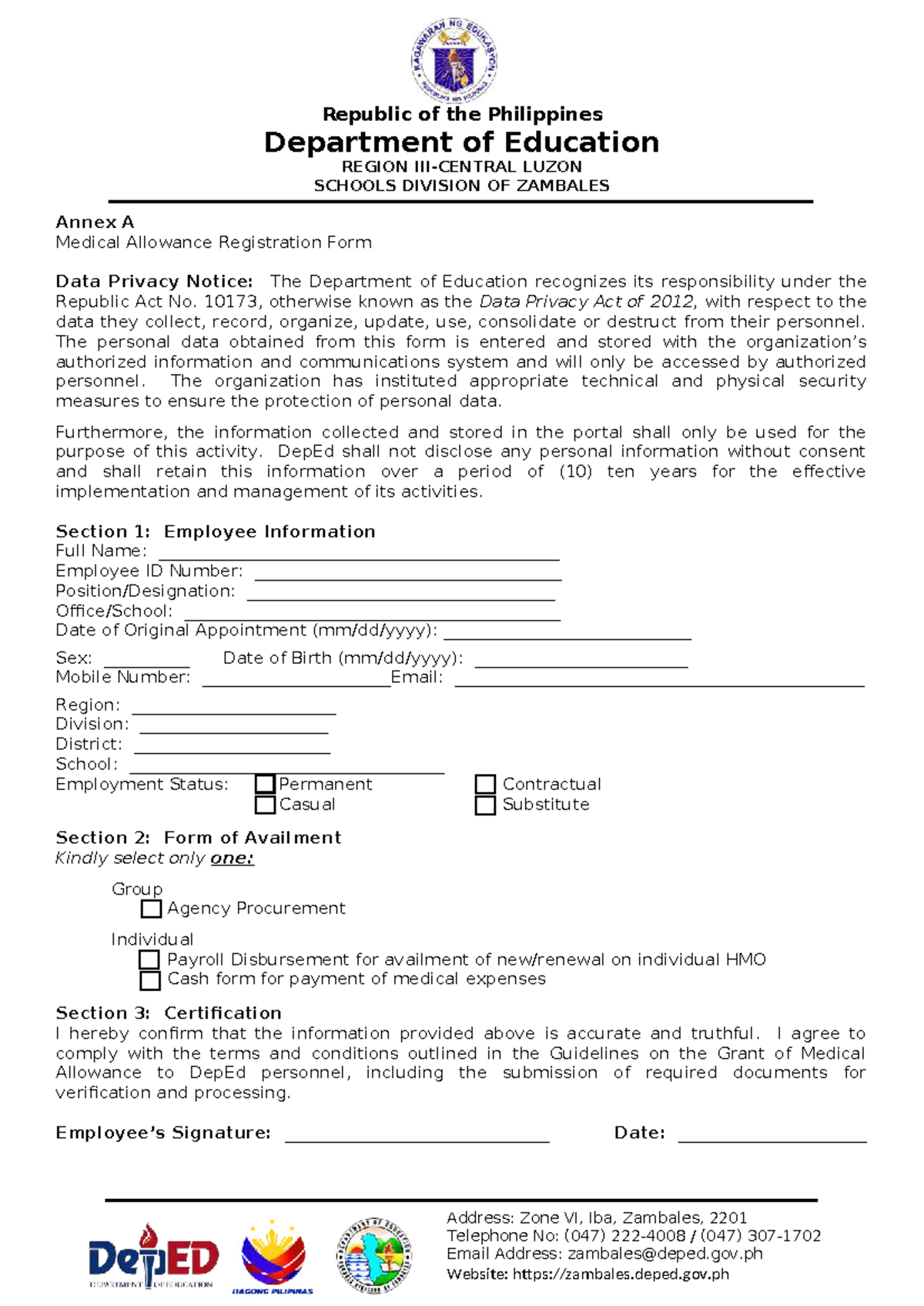 Annex A: Medical Allowance Registration Form - DepEd Zambales - Studocu